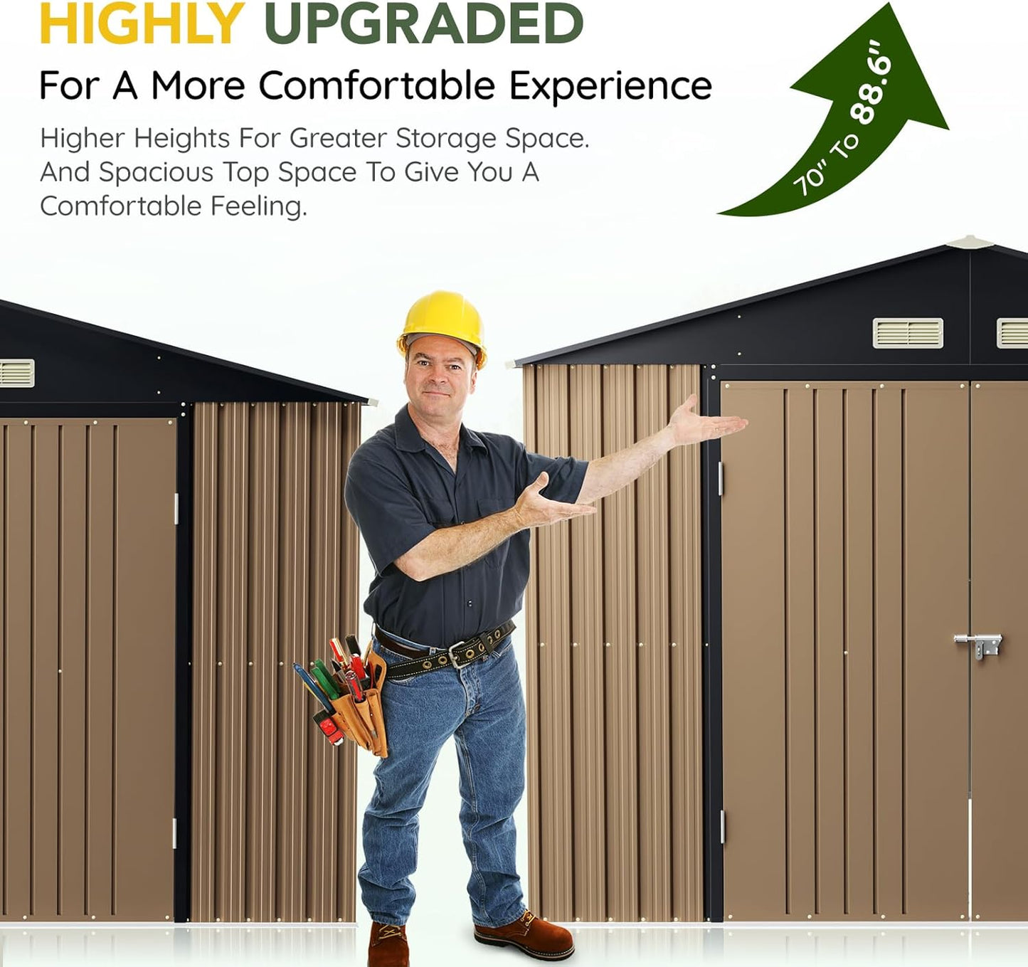 Breezz Outdoor Storage Shed 10 x 10ft. Utility Tool Shed Metal Storage Garden Shed with Lockable Doors & Windows for Patio Storage,Brown