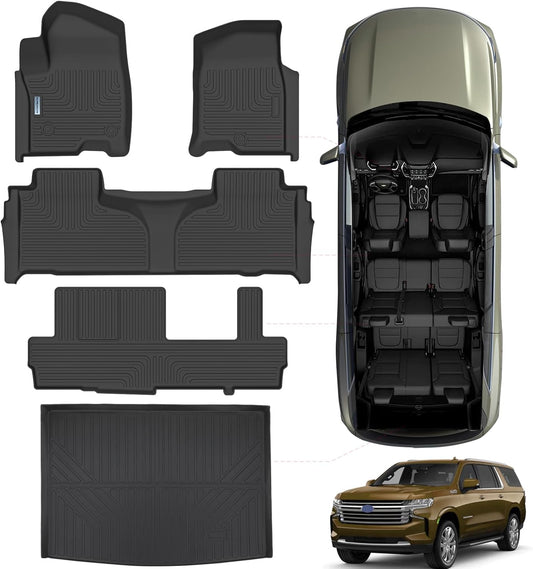 Floor Mats & Trunk mat for 2021-2024 2025 Chevrolet Suburban 8 Seats with 2nd Row Bench Seats（not fit 7 Seats）/GMC Yukon(Only Fit XL)，TPE Floor Liners & Trunk mat for Chevy Suburban