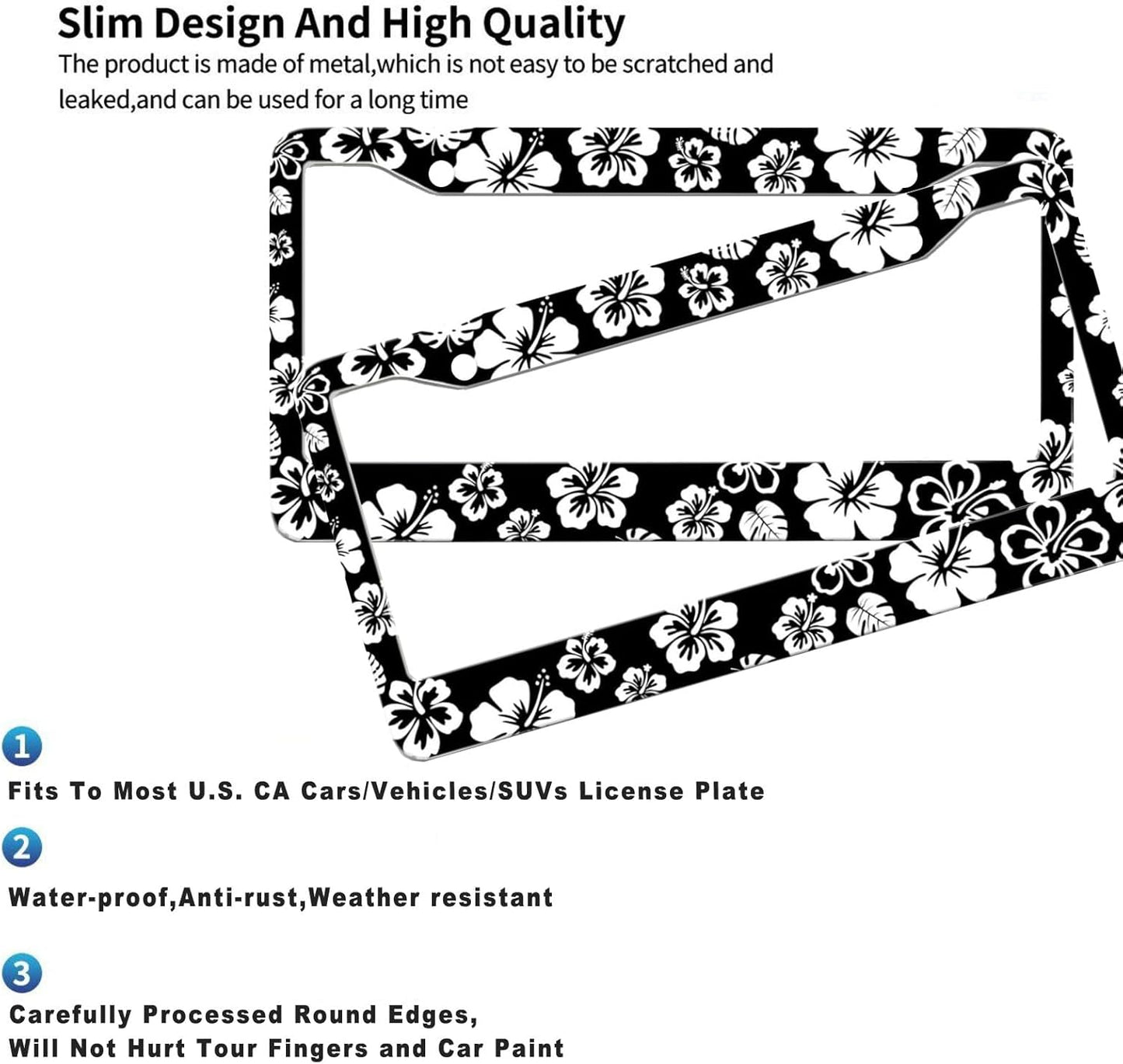 2 Pack Hibiscus License Plate Frame-Rustproof Aluminum White Hibiscus Floral Car Tag Holder Bracket for Women Men, Hibiscus Car Accessories with Screws Included
