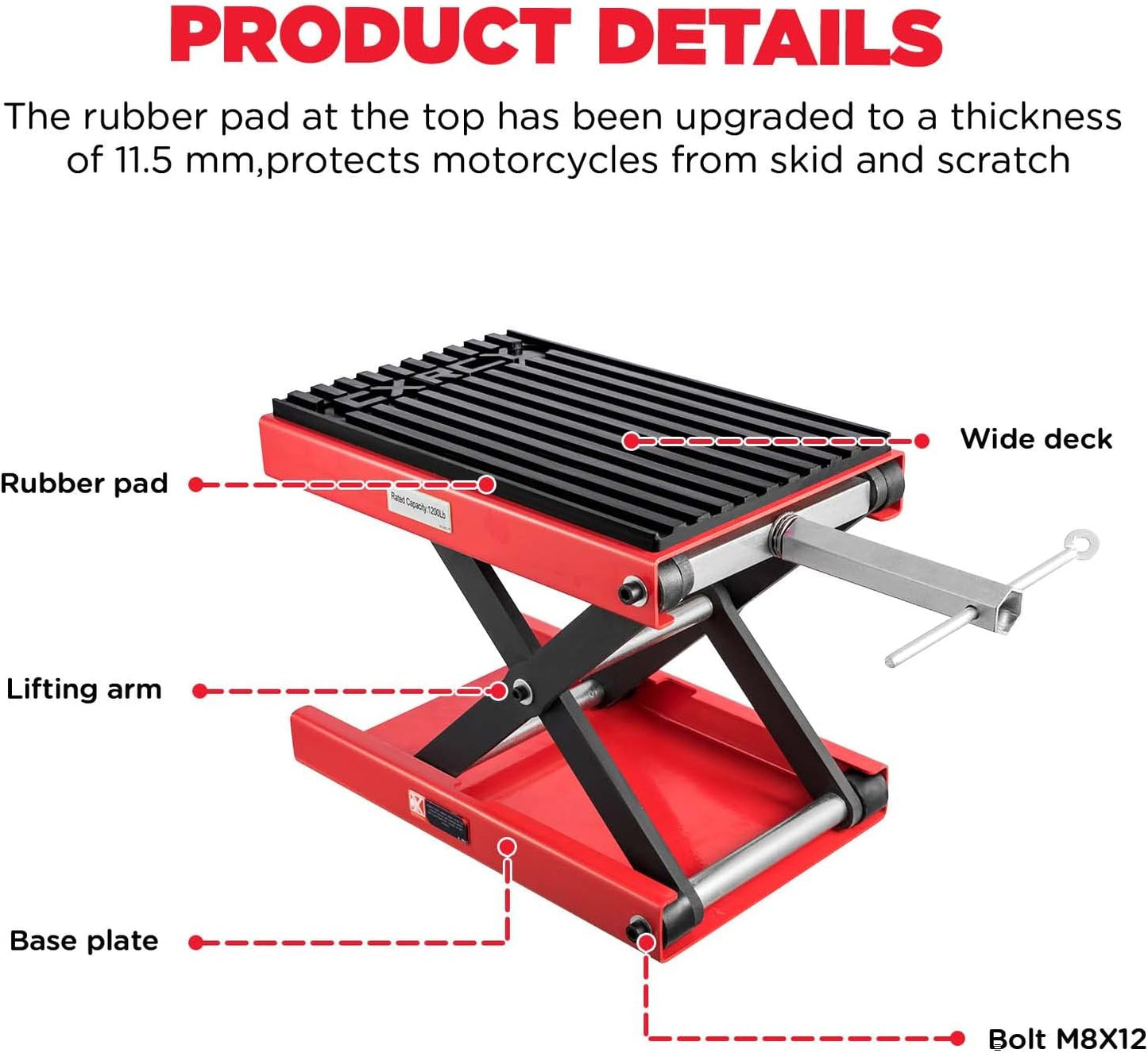 CXRCY 1200 LBS Motorcycle Lift Scissor Jack Upgraded Dirt Bike ATV Steel Motorcycle Hoist Stand with Ratchet Wrench,Crank Handle,Thickened Rubber Pad,Wide Deck