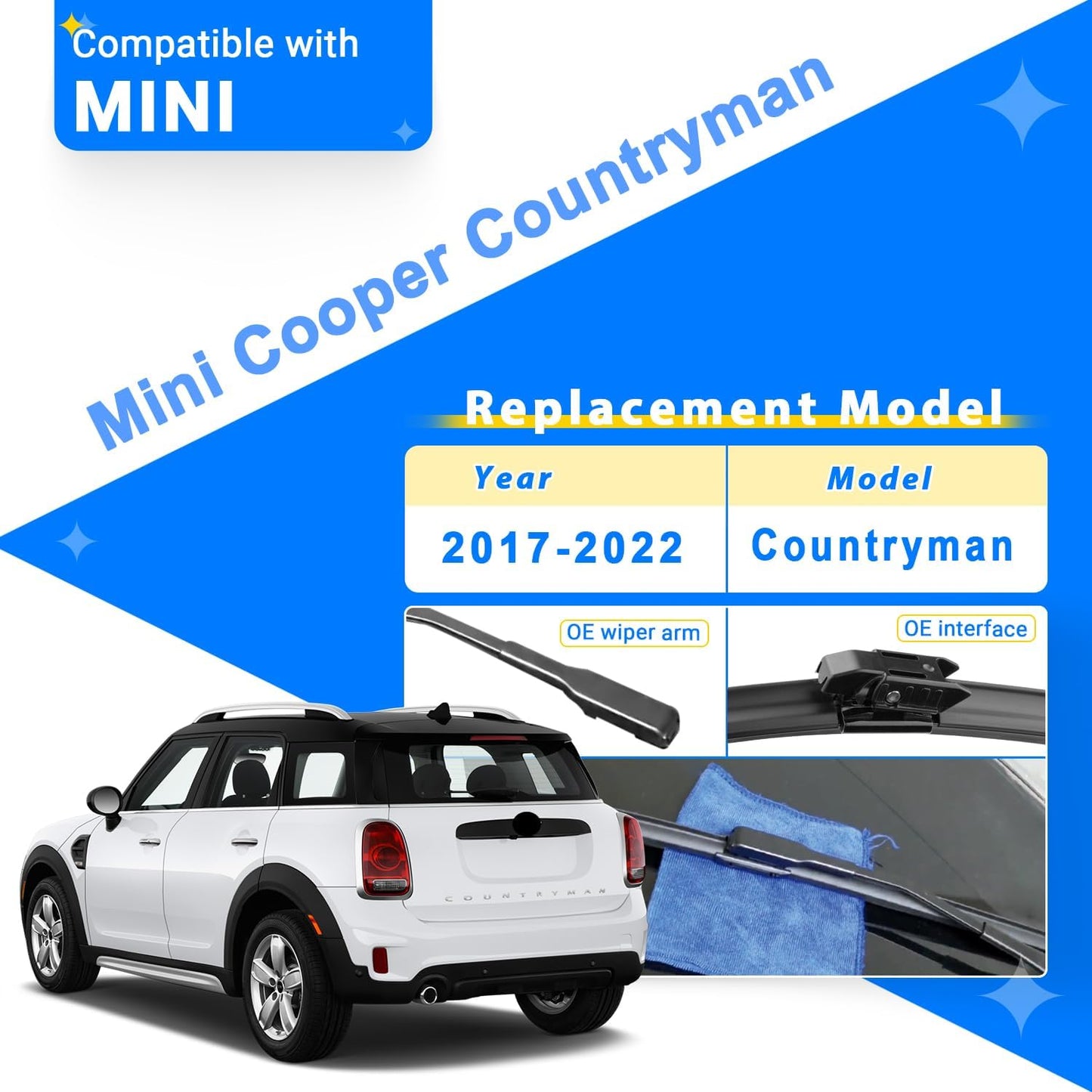 Windshield Wiper Blades Replacement for 2017-2022 Mini Cooper Countryman Original Factory Quality Front Rear Wipers Blade Set for My Car - 23" 21" 10" (Pack of 3)