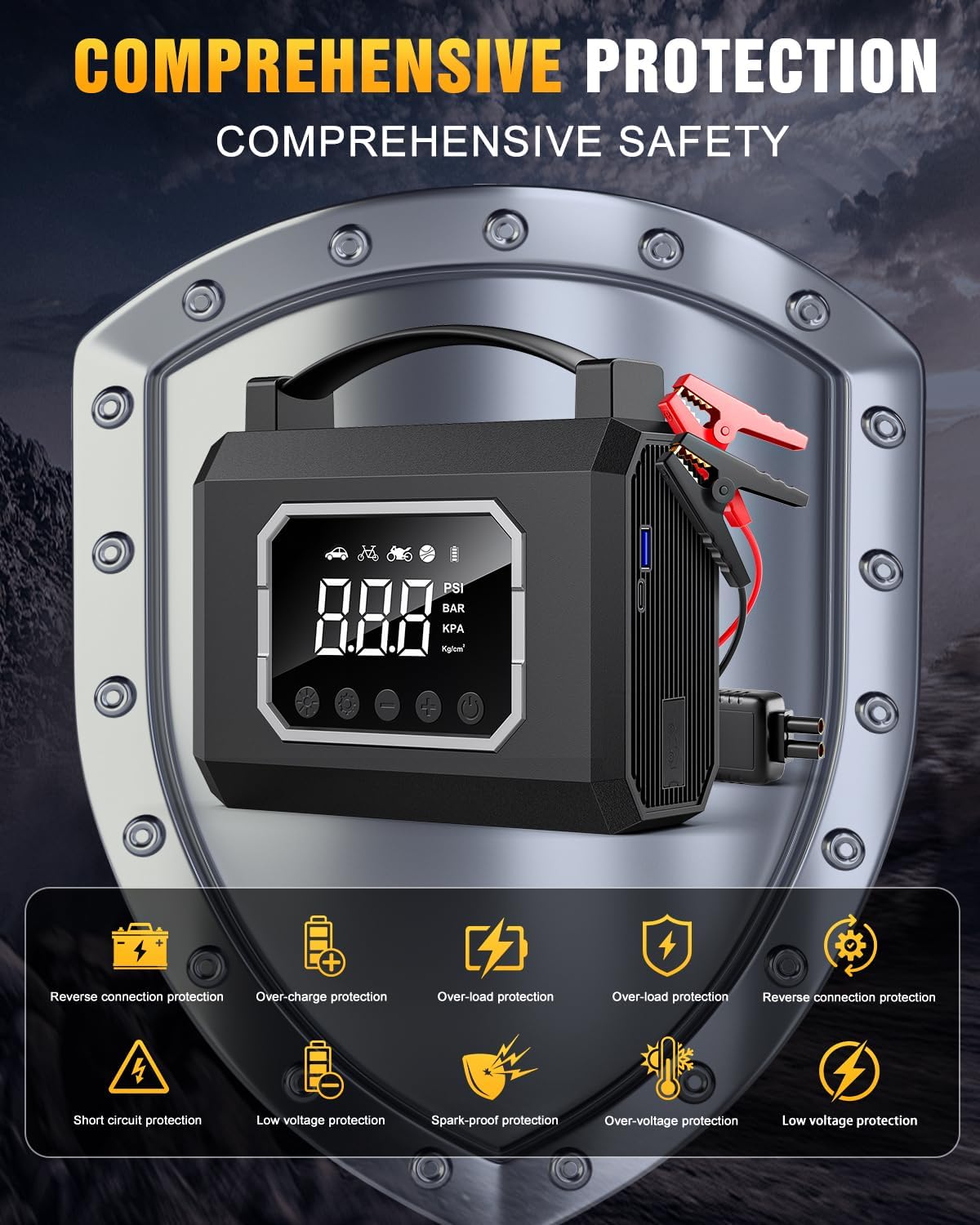 Jump Starter 3000A, Car Battery Jumper Starter Portable (All Gas 10L Diesel Engine) with 65W Quick Charger, 12V Portable Jump Box with 4 Modes Flashlight and Jumper Cable (Black)