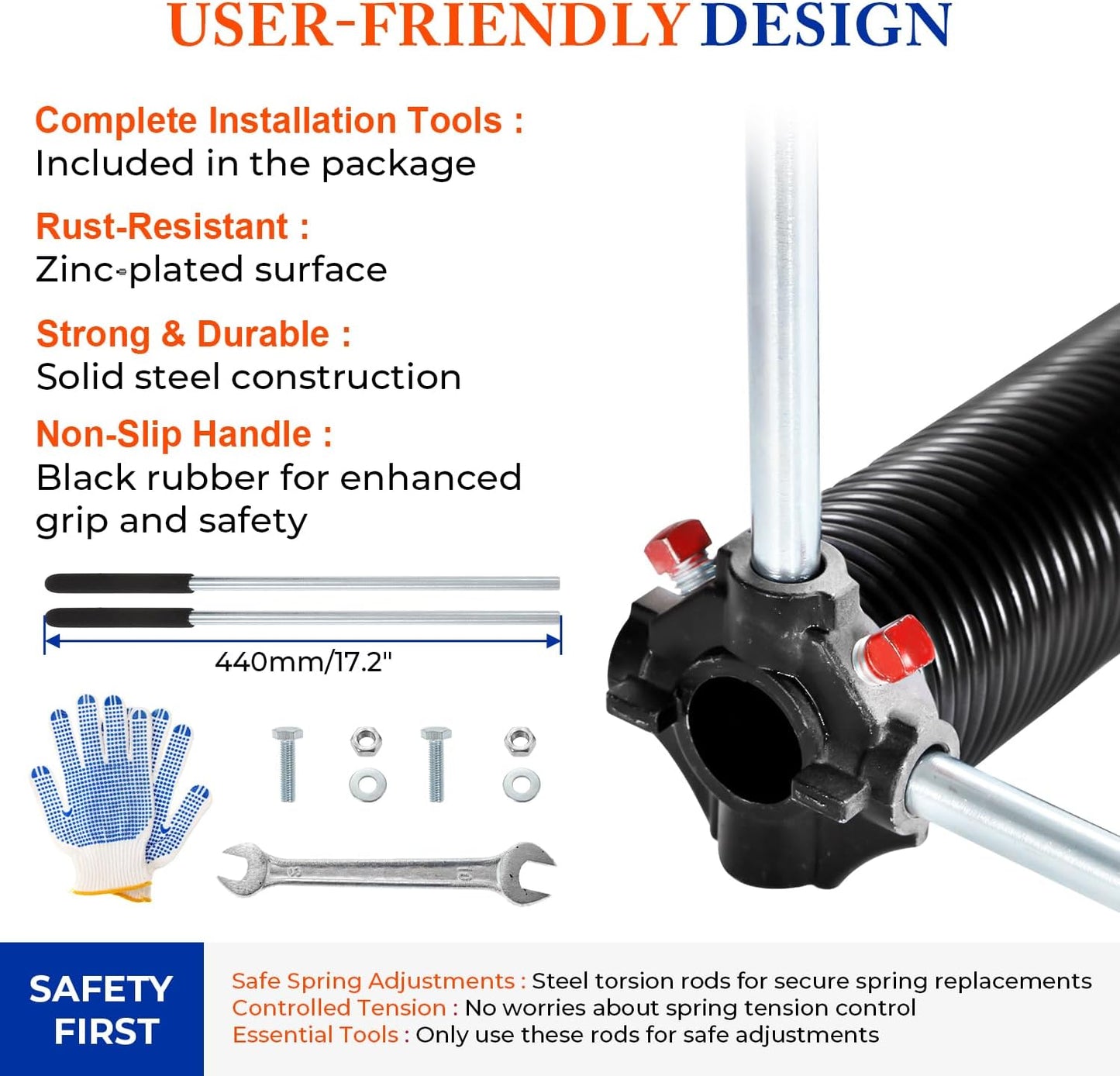 Pair of 2" Garage Door Torsion Springs (0.218" x 2" x 26") with Non-Slip Winding Bars & Gloves, Heavy-Duty Replacement, 18,000 Cycles, High Precision Electrophoresis Black Coated