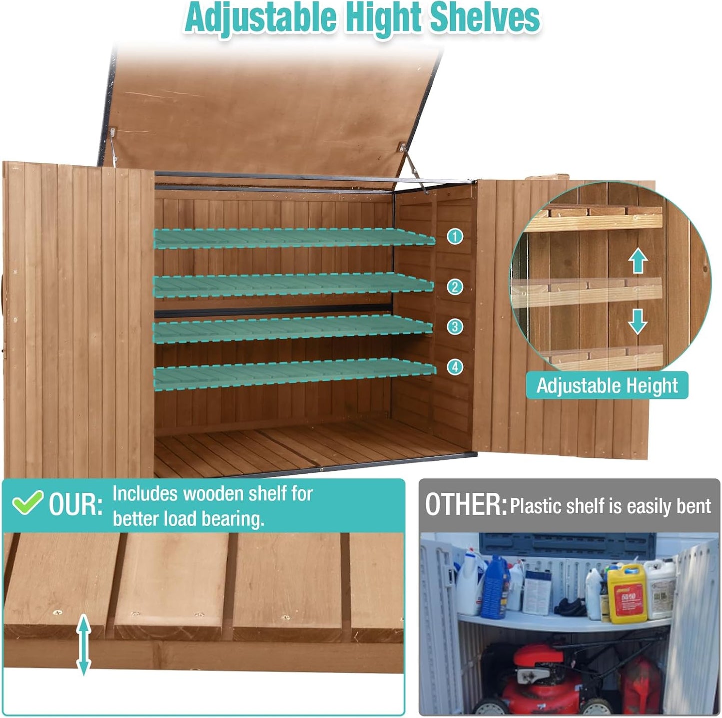 Outdoor Storage Cabinet,Wooden Garden Shed with Metal Frame Structure and Adjustable Shelf,33.3 Cu Ft Horizontal Waterproof Patio Tools Storage Box for Sofa Cushion, Lawn Mower and Garbage Cans