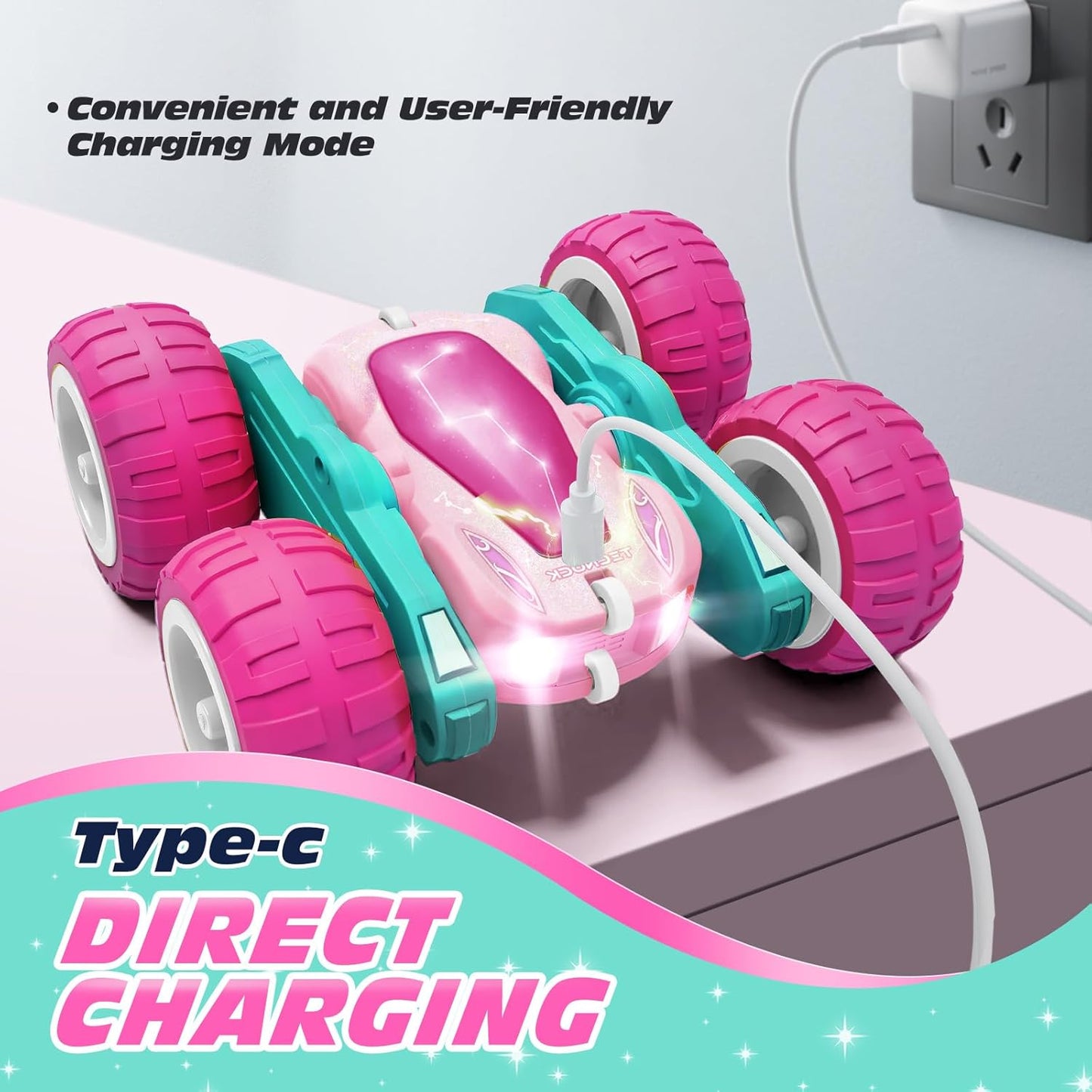 Tecnock Pink Remote Control Car for Girls and Boys, 2.4GHz RC Cars with USB-C Easy Charging, 4WD Double Sided 360° Rotates and Flips RC Stunt Car, Toys Gift for Kids