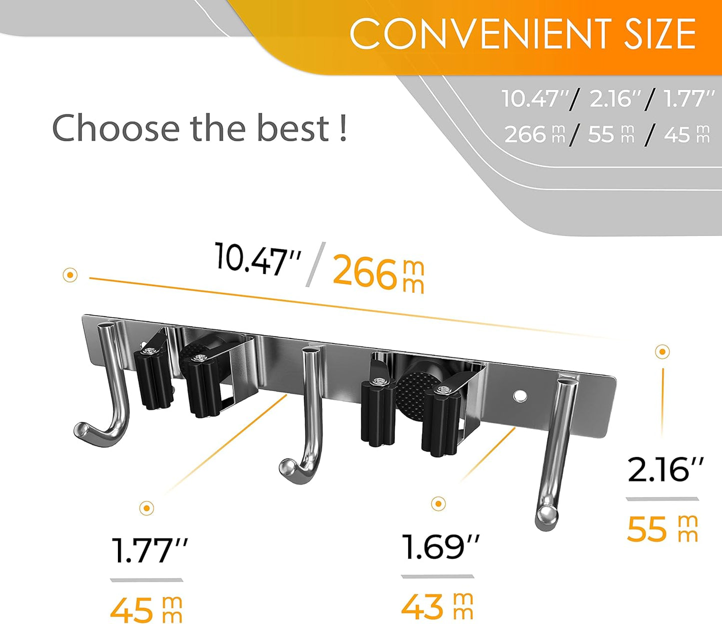 Heavy Duty Broom and Mop Holder Wall Mounted with 2 Rubber Grip Slots & 3 Utility Hooks – SUS304 Stainless Steel, Waterproof, Self Adhesive or Drill Mount, for Garage, Laundry, Kitchen & Closet Use