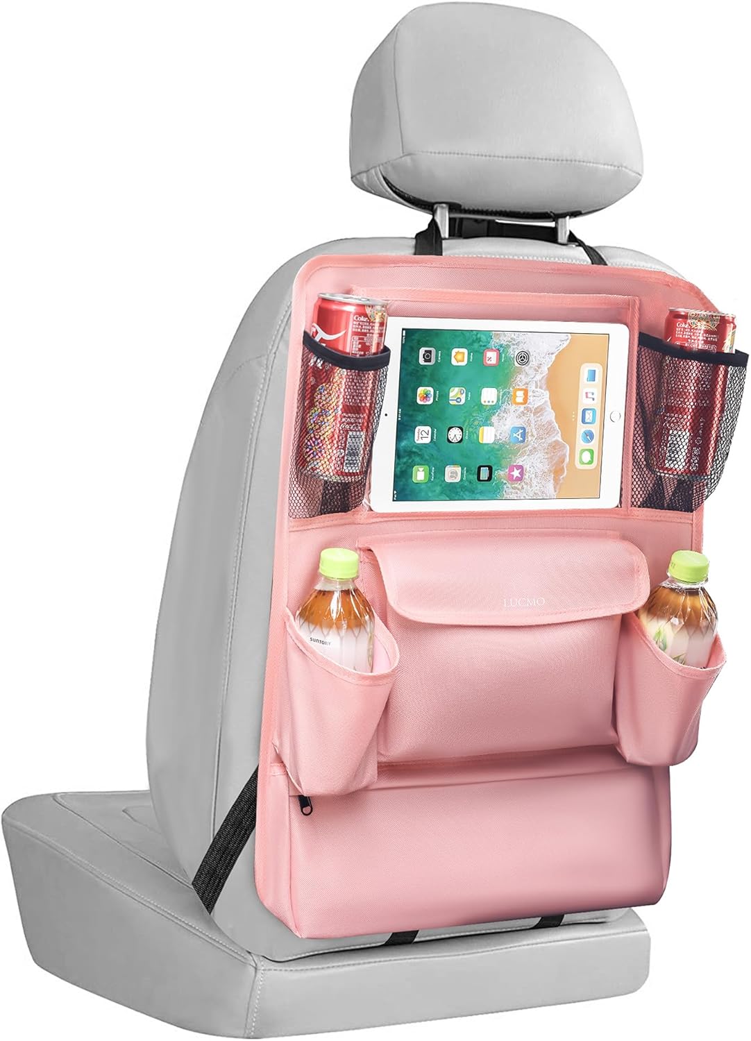 LUCMO Car Backseat Organizer with Touch Screen Tablet Holder,9 Storage Pockets Car Storage Organizer,Protectors Kick Mats Travel Accessories for Kids-Pink