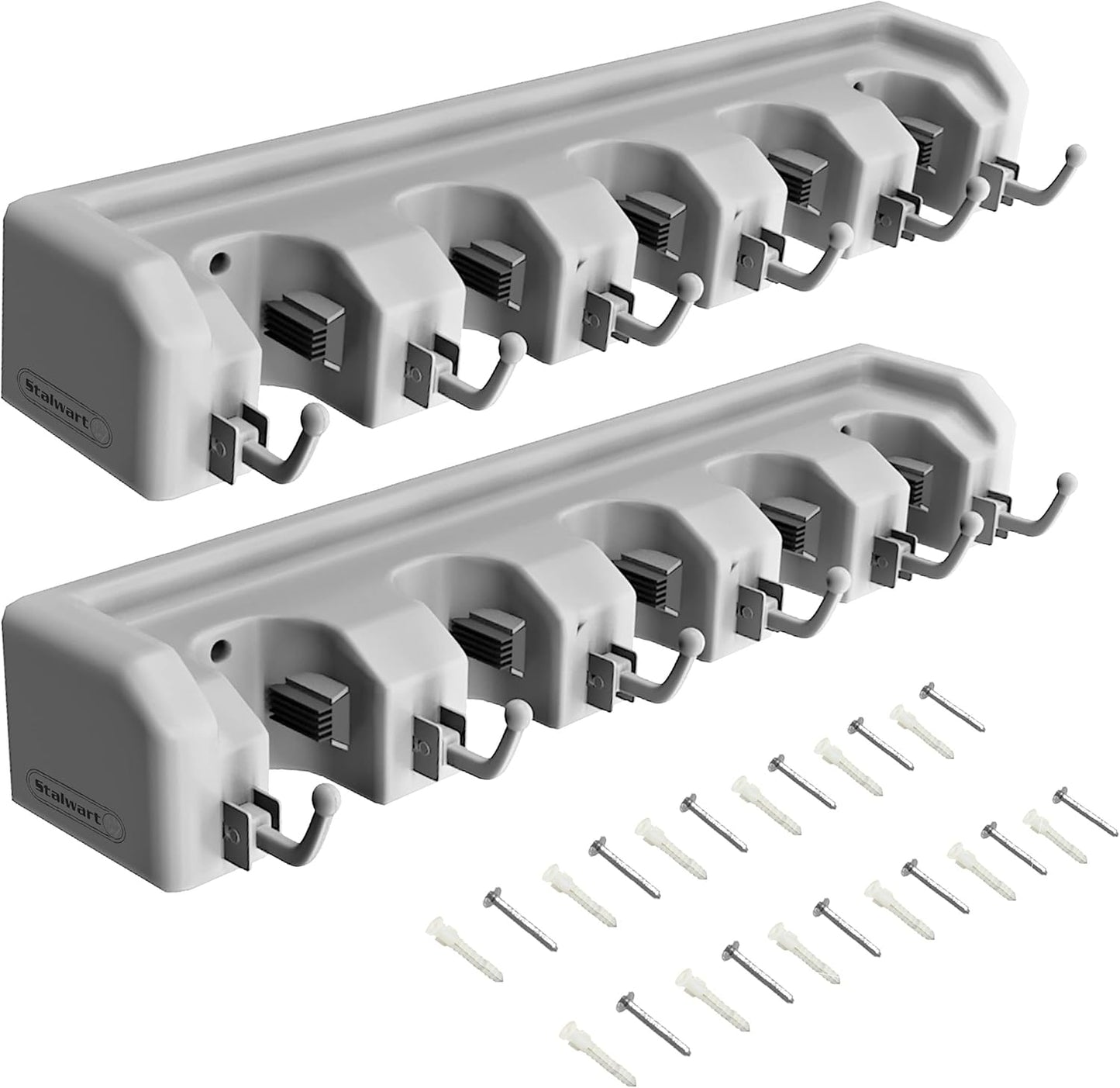 Stalwart Garden Tool Organizer Wall Mount Broom and Mop Holder, 5 Adjustable Slots and 6 Hooks Utility Rack for Garage or Home Organization, 2-Pack