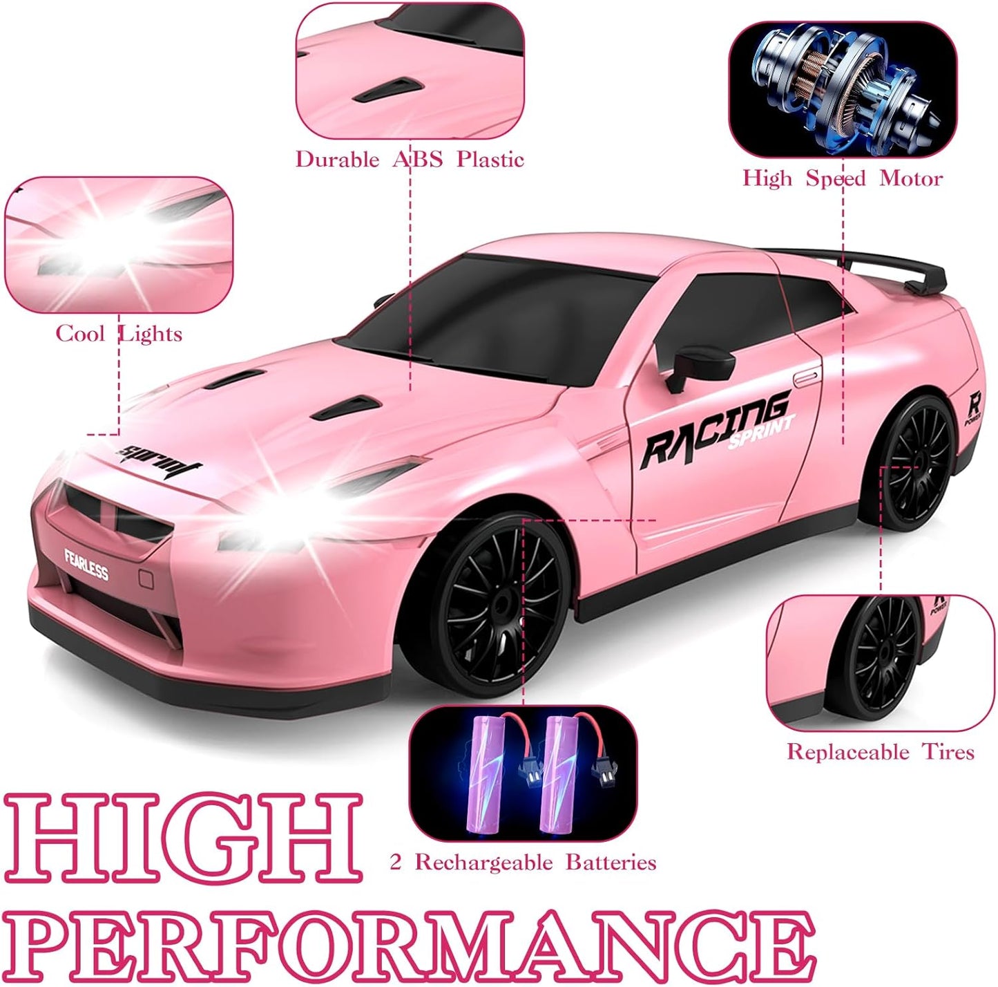 RC Drift Car, 1/24 Pink Remote Control Car for Girls, 2.4GHz 4WD High Speed Drifting RC Cars with LED Light, Two Batteries and Drift Tires, Racing Toy Cars for Kids Adults Girl Boys, Pink