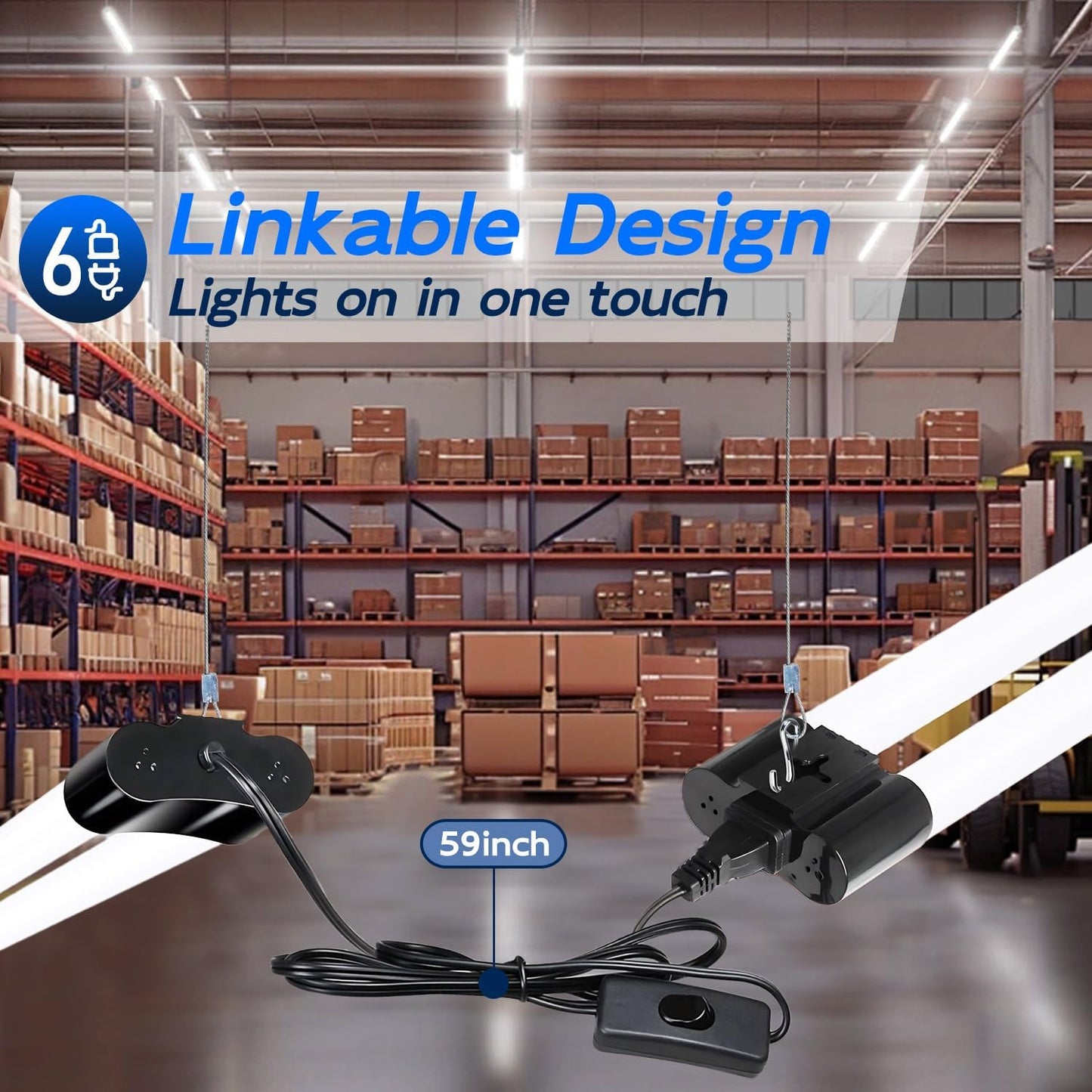 hykolity 6 Pack 4FT Linkable LED Shop Light, Utility Shop Light Fixture, 4400lm, 42W [250W Equivalent], 5000K Daylight Shop Lights for Garage, Hanging or Surface Mount, with Power Cord, ETL, Black