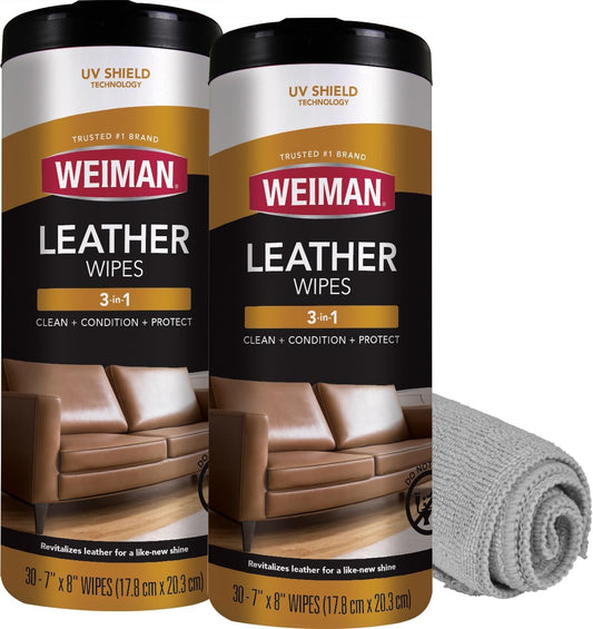 Weiman Leather Cleaner Wipes - Clean Condition UV Protection Help Prevent Cracking or Fading of Furniture, Car Interior, Couch, and Shoes, 2 Pack with Microfiber Cloth