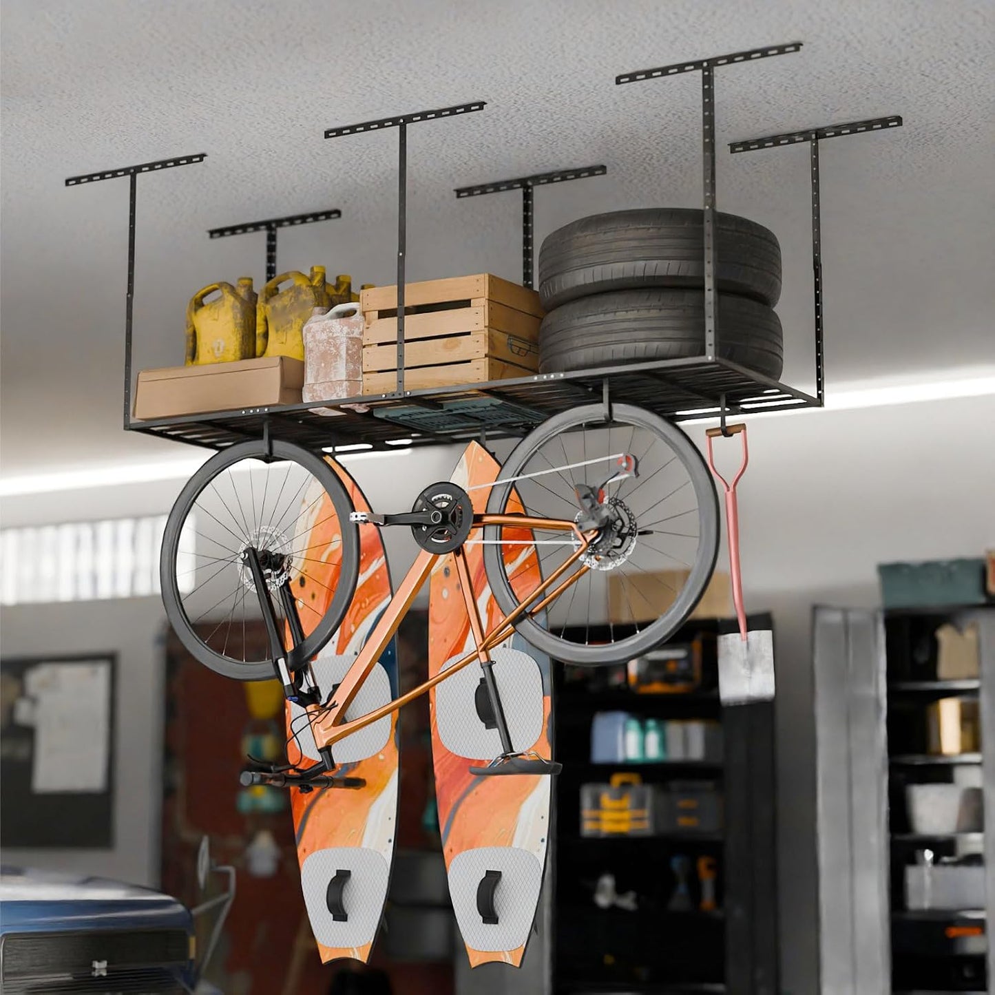 SunsGrove Heavy-Duty 4-Pack Overhead Garage Ceiling Storage Hooks, Add-On Storage Flat Hook Accessory for Hanging Bikes and More, Supports Up to 53lbs