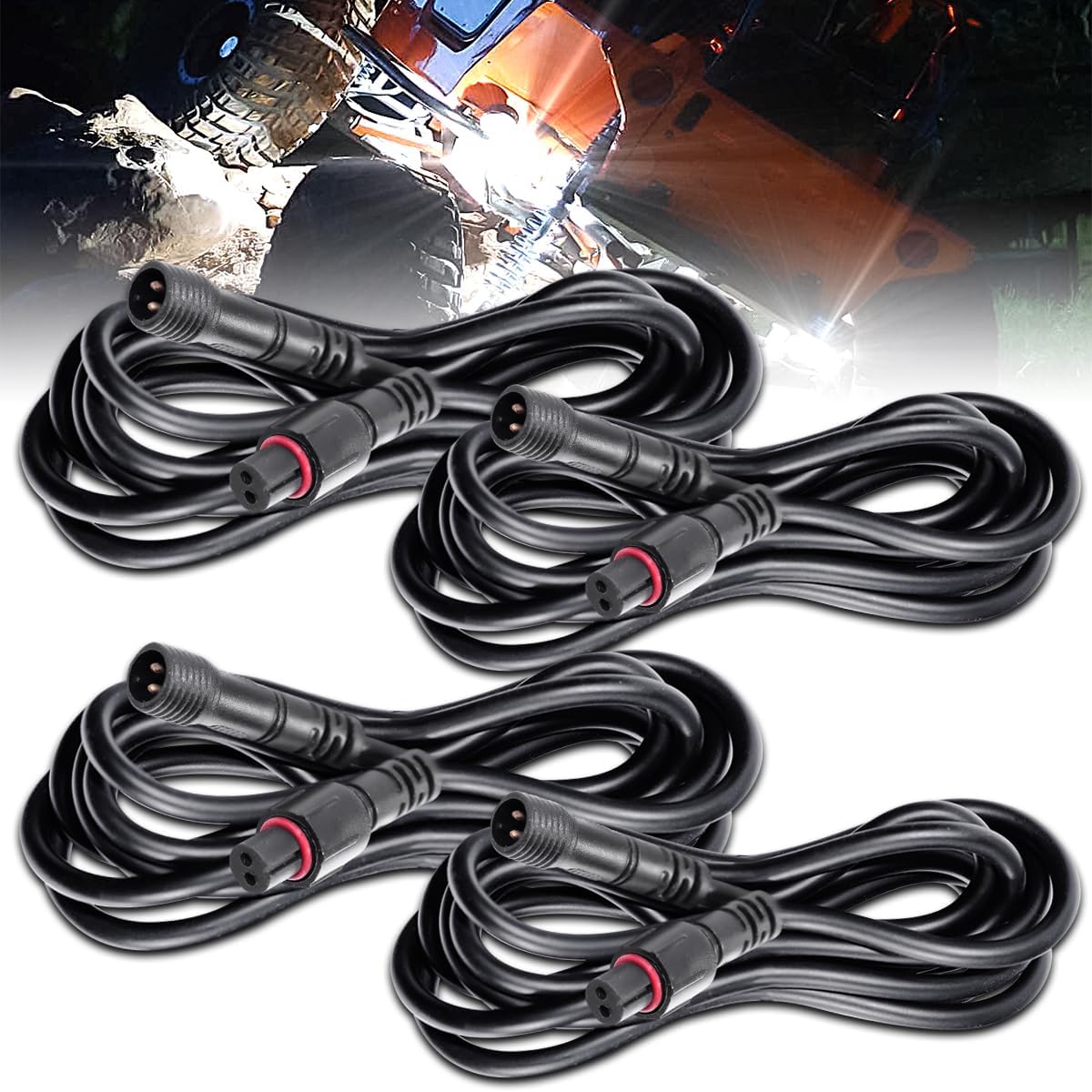LED Rock Lights Extension Cable Wire Cord 2Pin Waterproof 4PCS 5ft 22AWG with Male to Female Connectors 11mm Nut Size for Wheel Lights Spot Flood Light Driving Fog Light for Truck