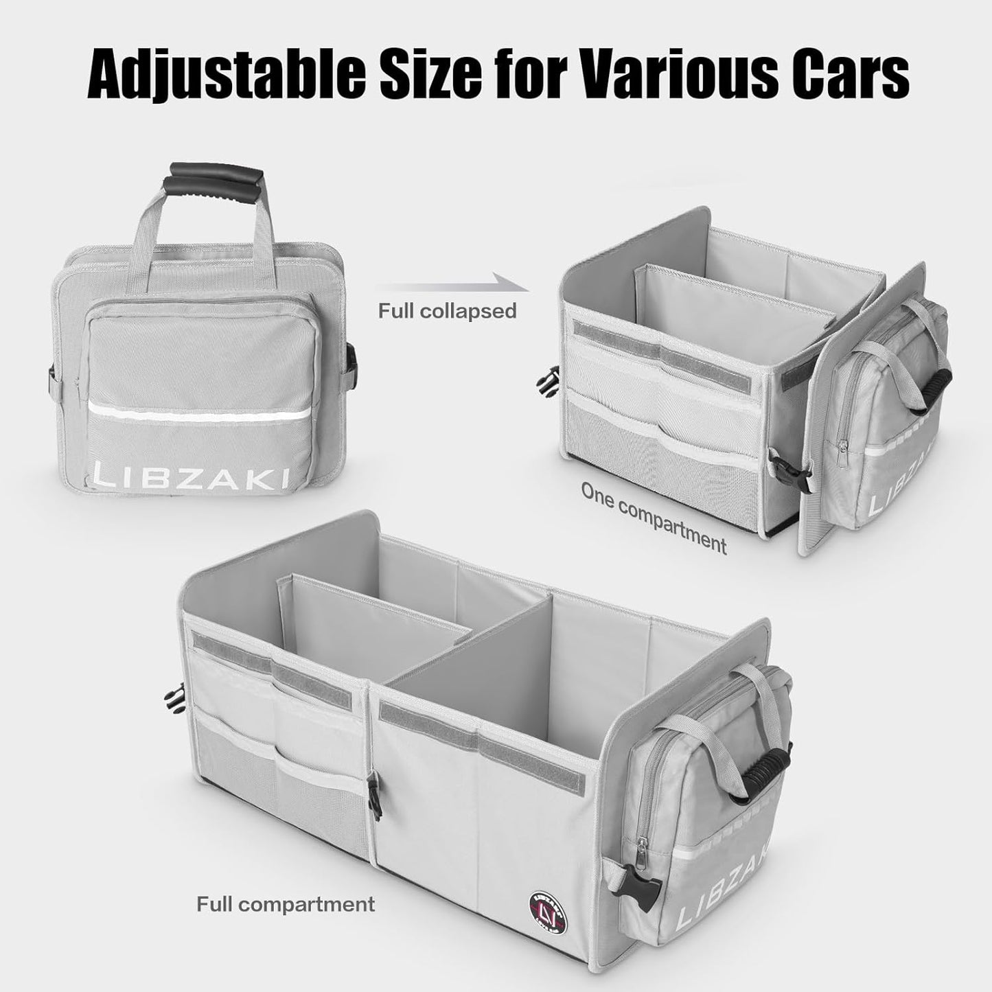 LIBZAKI Car Trunk Storage Organizer, Multi Compartment Collapsible Trunk Storage Box for Car Truck SUV-Gray