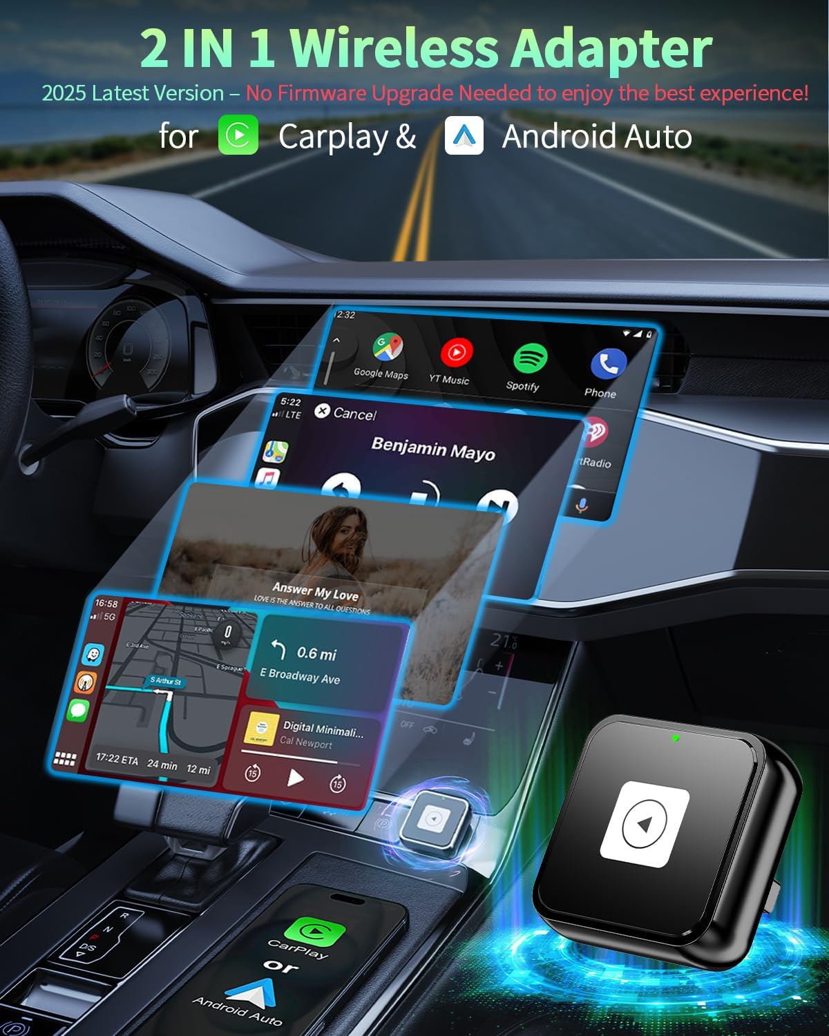 Wireless CarPlay & Android Auto Adapter 1-Inch (2.54cm) - Discreet Plug & Play, Stable 5G Connection for Music/Navigation, Works with iPhone iOS 10+ & Android 11+,for 98% of Cars (2016-2025) (Black)