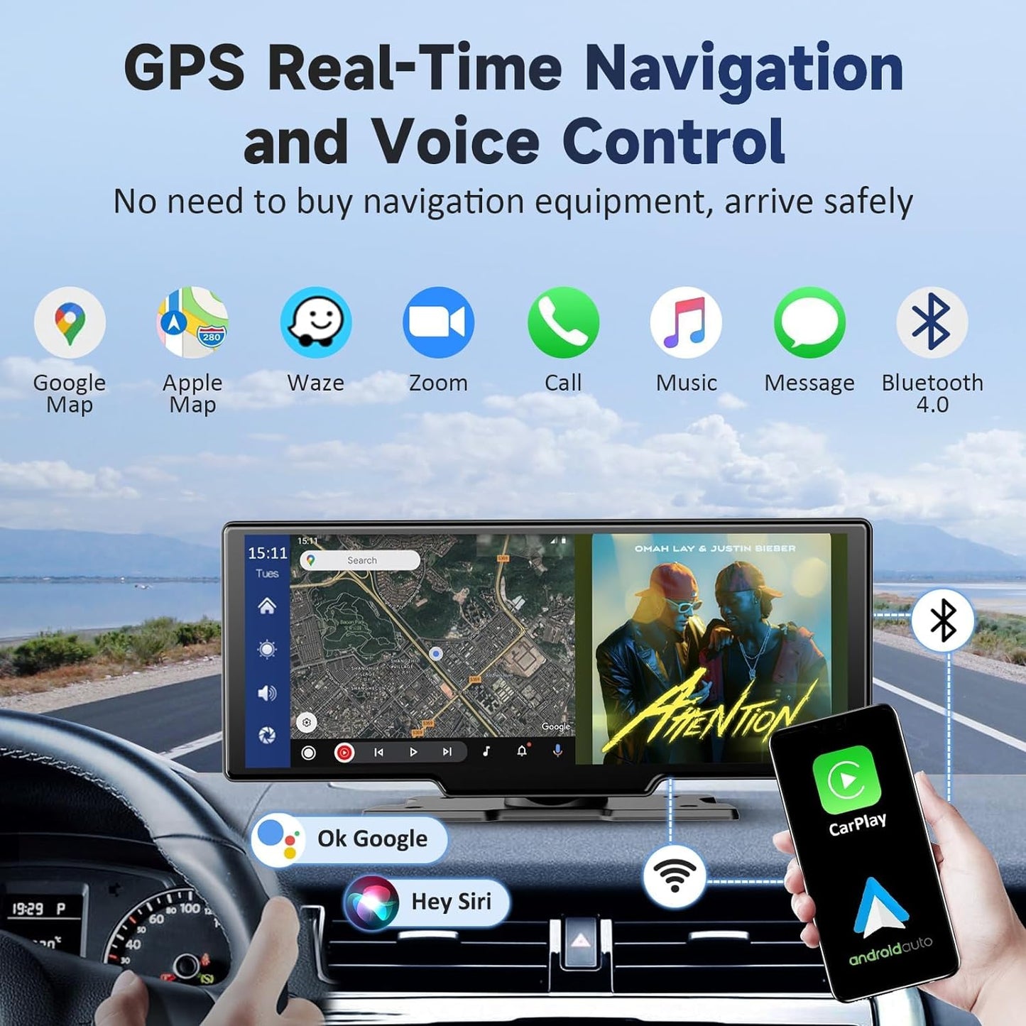 Wireless Portable Carplay Screen for Car - 10.26Inch Carplay & Android Auto Car Touch Stereo, with 4K Dash Cam, Backup Camera,Bluetooth,GPS Navigation