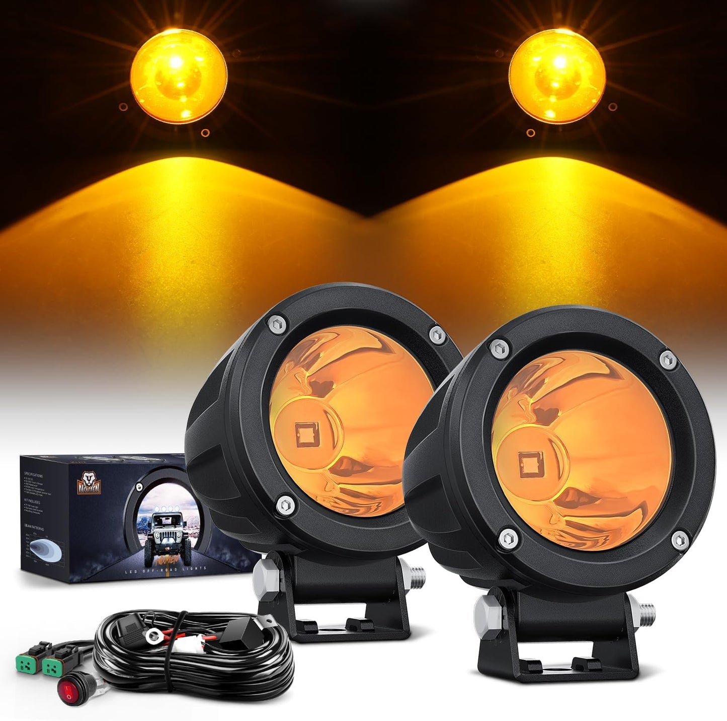 Nilight Motorcycle Led Pods Amber Fog Lights 2PCS 3Inch Yellow Round led Offroad Built-in EMC Driving Lights w/ 18AWG DT Wiring Harness Kit for Motorbike SUV ATV Truck Boat Tractor