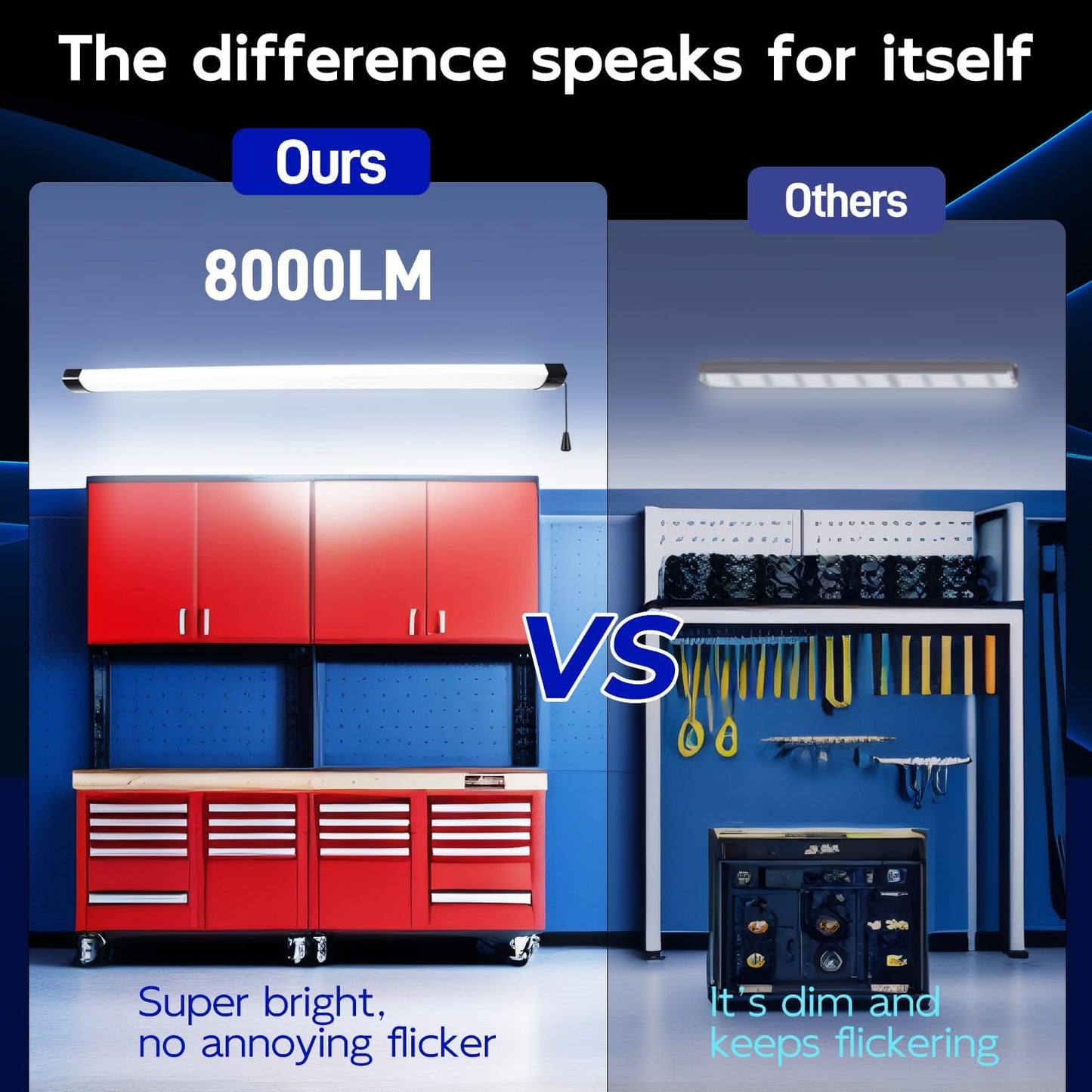 hykolity 4FT 70W LED Shop Light Linkable, 8000lm(300w Equivalent), 5000K Utility Shop Lights for Garages, Workshops, Basements, Hanging or FlushMount, with Power Cord and Pull Chain, ETL, Black,2 Pack