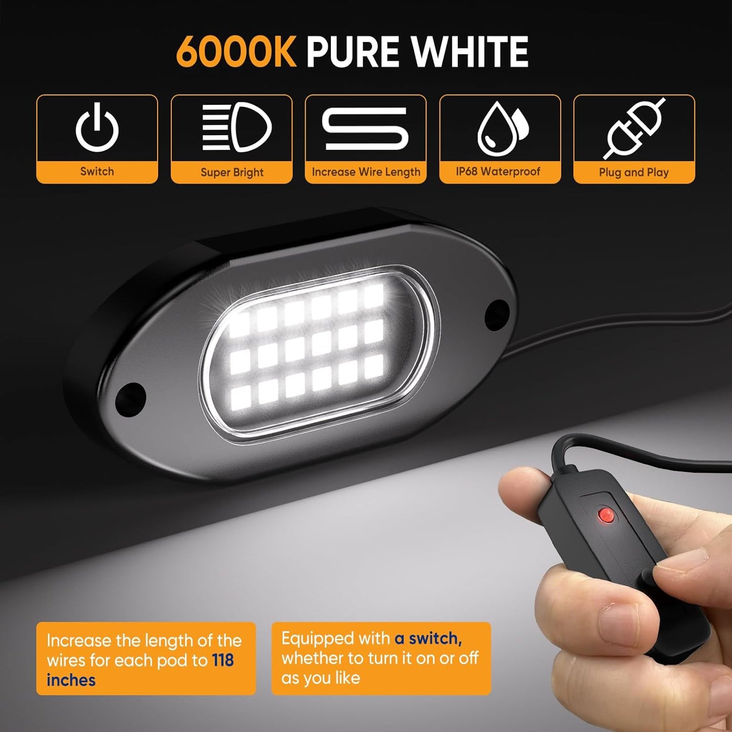 Honalia Pure White Rock Lights for Trucks 16 Pods, 6000K White LED Rock Lights Kits with Switch