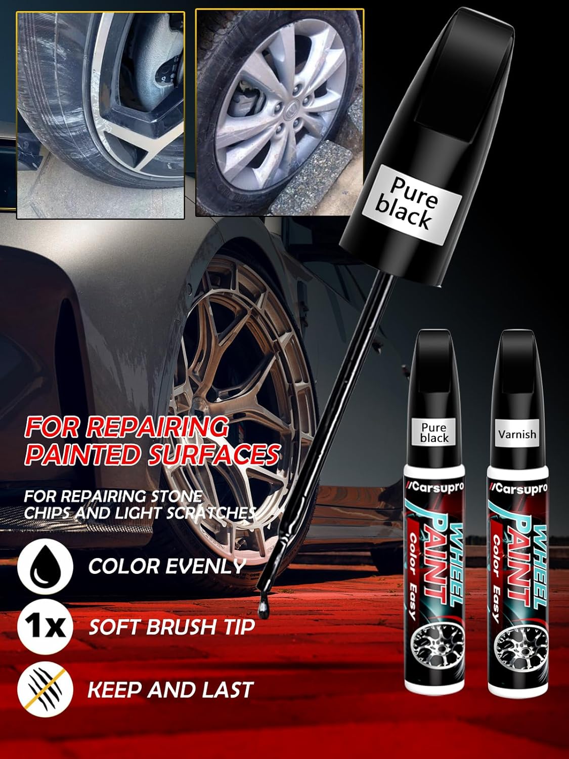 Black Rim Touch Up Paint. Wheel Scratch Repair Pen. Car Rim Paint Pen Quick And Easy Fix Rim Scratches,Rim Paint For Car Wheel Repair (2, Gloss Black+Varnish)