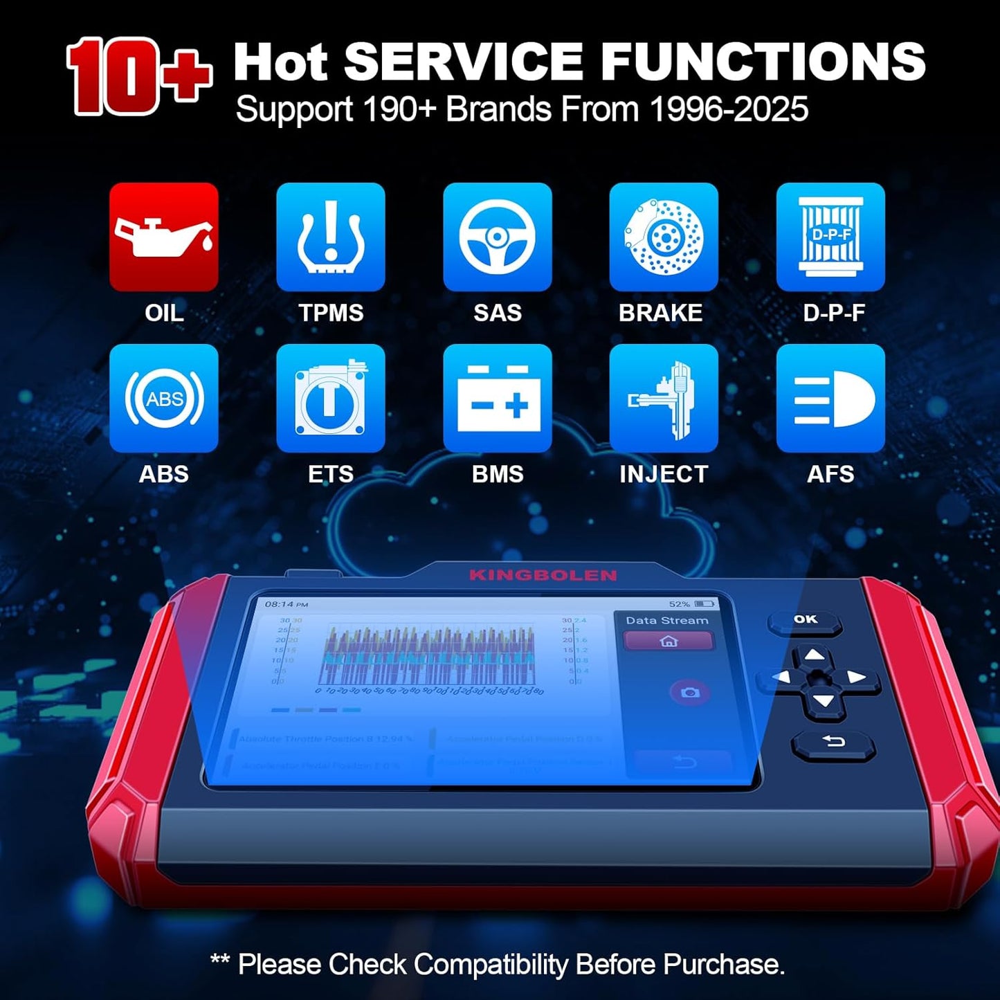 KINGBOLEN S600 OBD2 Car Scanner,ECM/TCM/SRS/ABS Code Reader with 10 Reset,Automotive Engine Scan Tool with OIL TPMS Brake Bleed ETS SAS Throttle Reset,AutoVIN Car Diagnostic Tools,Lifetime Free Update