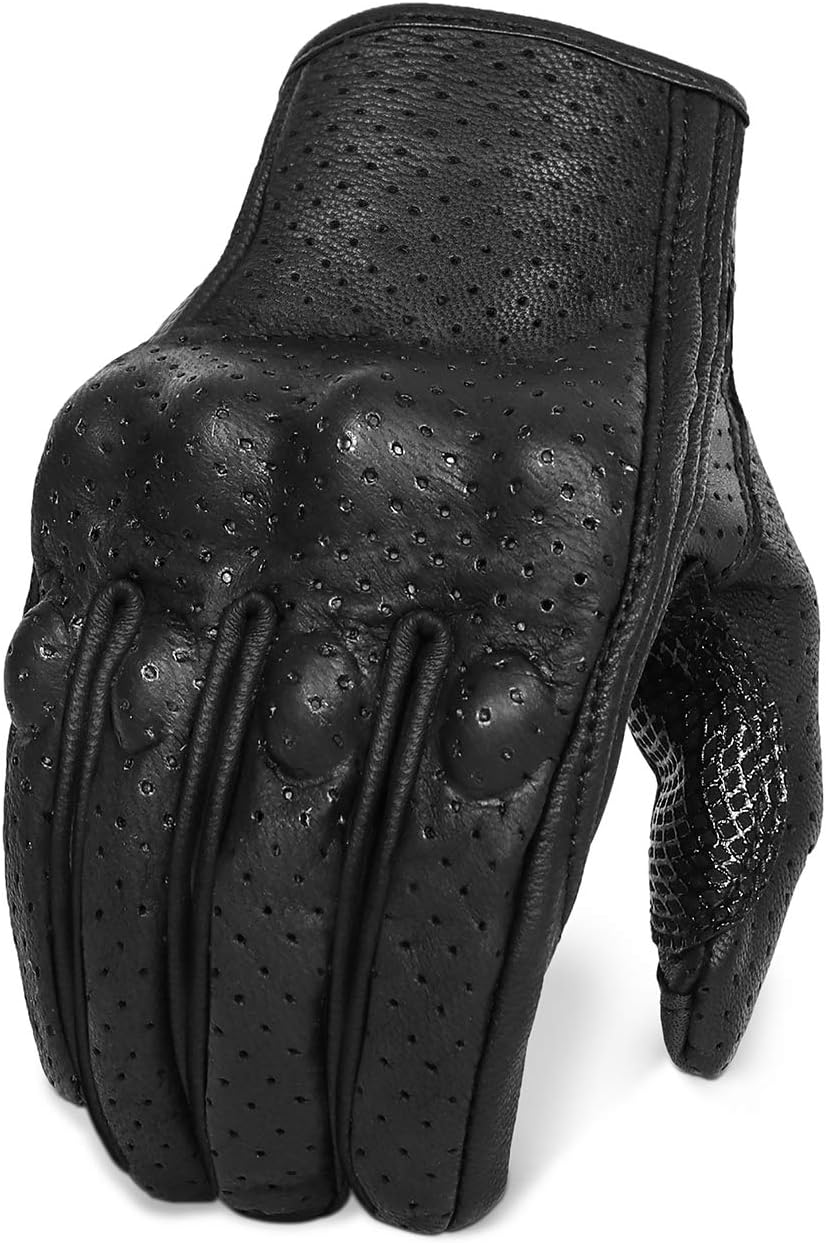 Updated Goatskin Leather Motorcycle Gloves Men Touchscreen Anti-Slip Motorbike Riding Gloves for Men (Updated,Perforated, L)
