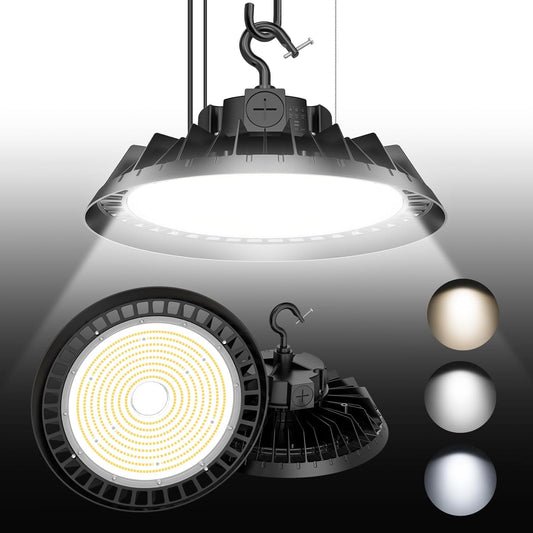 LED High Bay Lights, 300W UFO High Bay LED Shop Lights, 45000LM Adjustable CCT(5700K 5000K 4500K) & Power(300W 240W 200W), 0-10V Dimmable, 5' Cable Plug, IP65 Waterproof, ETL & DLC Listed High Bay