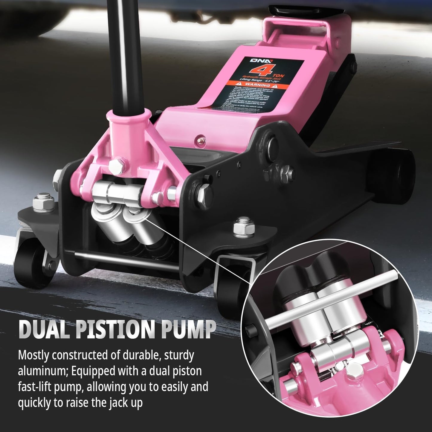 DNA MOTORING Floor Jack 4 Ton (8000 lbs) Capacity, Fast Lift Low Profile Hydraulic Trolley Jack, Steel Heavy-Duty Service Car Jack, Lifting Range 4.5"-20", Pink, TOOLS-00308-PK