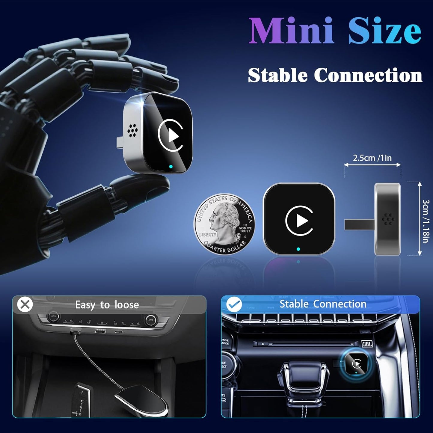 Wireless CarPlay Adapter for iPhone, 2025 Upgrade Convert Wired to Wireless Car Play Dongle, Mini Size USB Design for Apple CarPlay Adapter, USB-A/Type-C, No Delay, Plug and Play & Stable Control