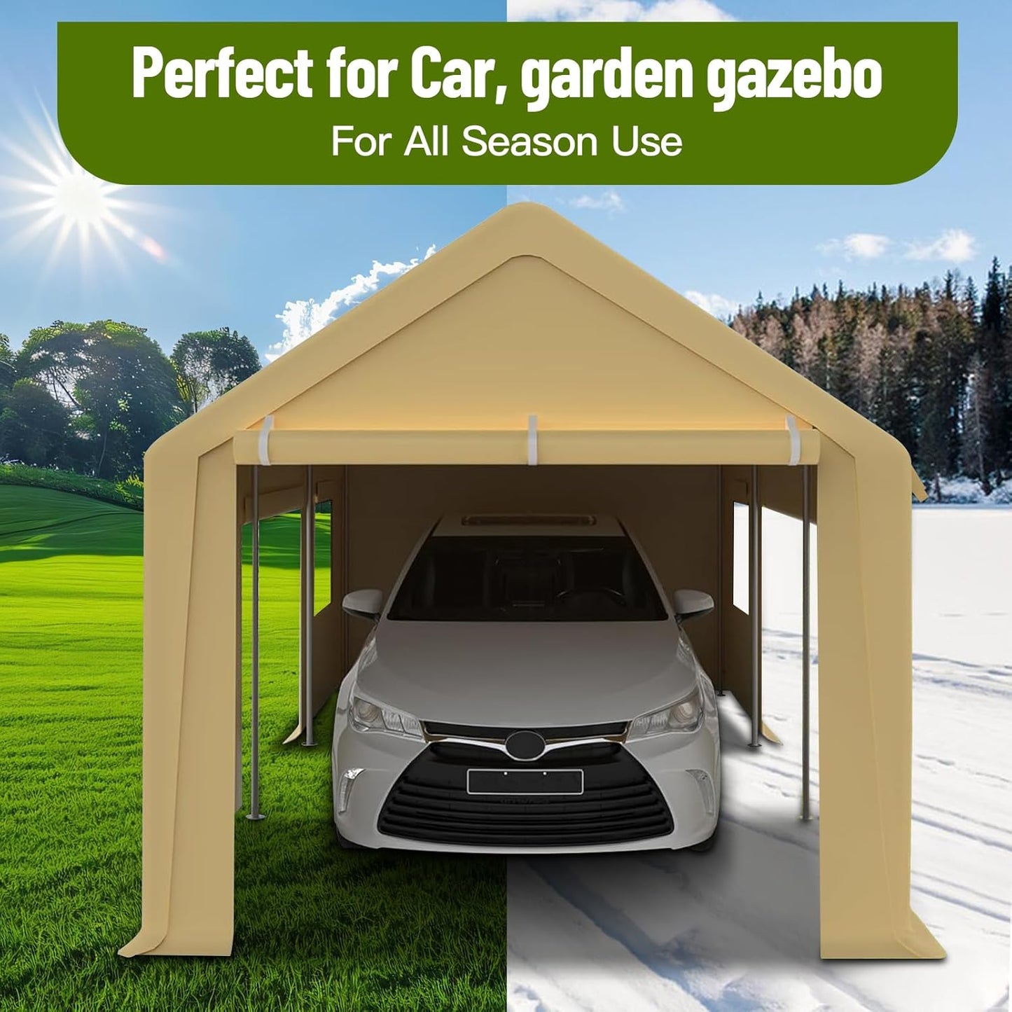 10 x 20FT Heavy Duty Carport with Roll-Up Windows, Portable Garage with Removable Sidewalls & Doors, Portable Car Tent Garage with Roll-Up Windows and All-Season Tarp, for Car, Truck,
