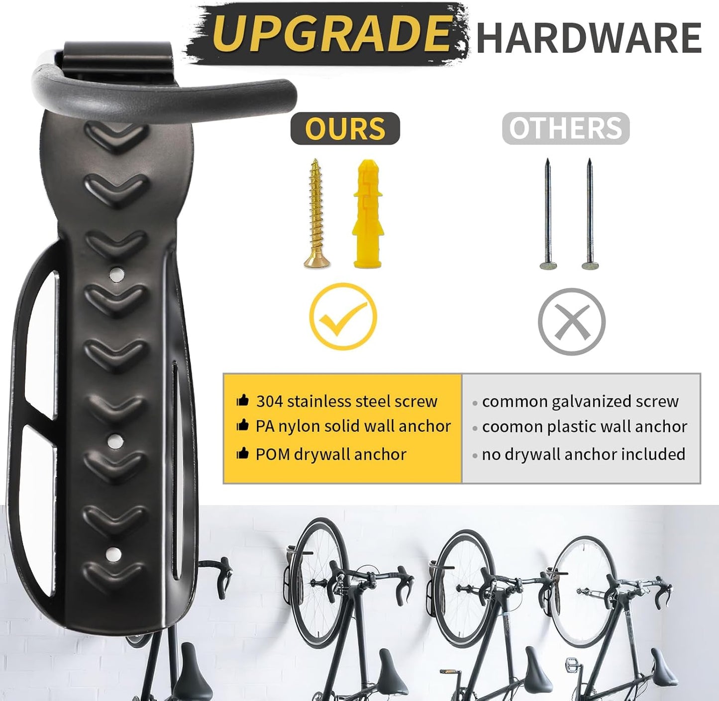 Vertical Bike Rack Wall Mount for Garage–Heavy-Duty Steel Bicycle Hook for Indoor Storage, Space-Saving Holder for Road, Mountain & Hybrid Bikes, Fits Tires Up to 2.6" Wide (1 Pack)