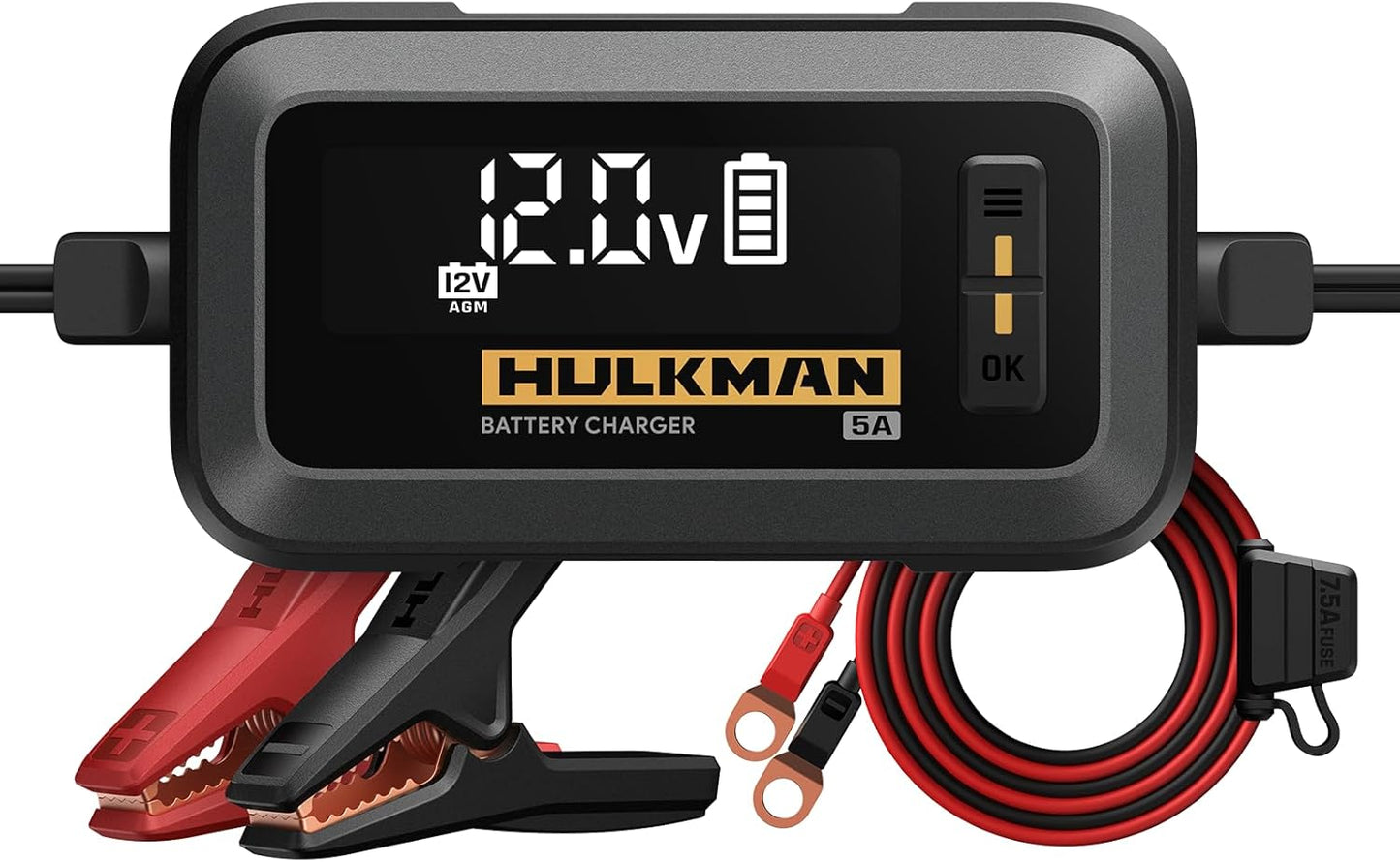 Hulkman Sigma 5, 5A Car Battery Trickle Charger, 12V and 6V Smart Charger, LiFePO4 and Lead-Acid Battery Automotive Maintainer with 3.2-in LED Display for Automobile, Motorcycle, ATV