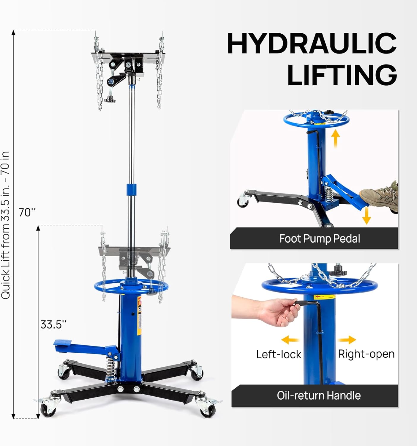 TUFFIOM Transmission Jack, 1100 lbs 1/2Ton Hydraulic 2-Stage High Lift Vertical Telescoping Floor Jack Stand, 34" to 68" Lifting Range, w/Pedal, 360° Swivel Wheels, Garage/Shop Lift Hoist, Blue