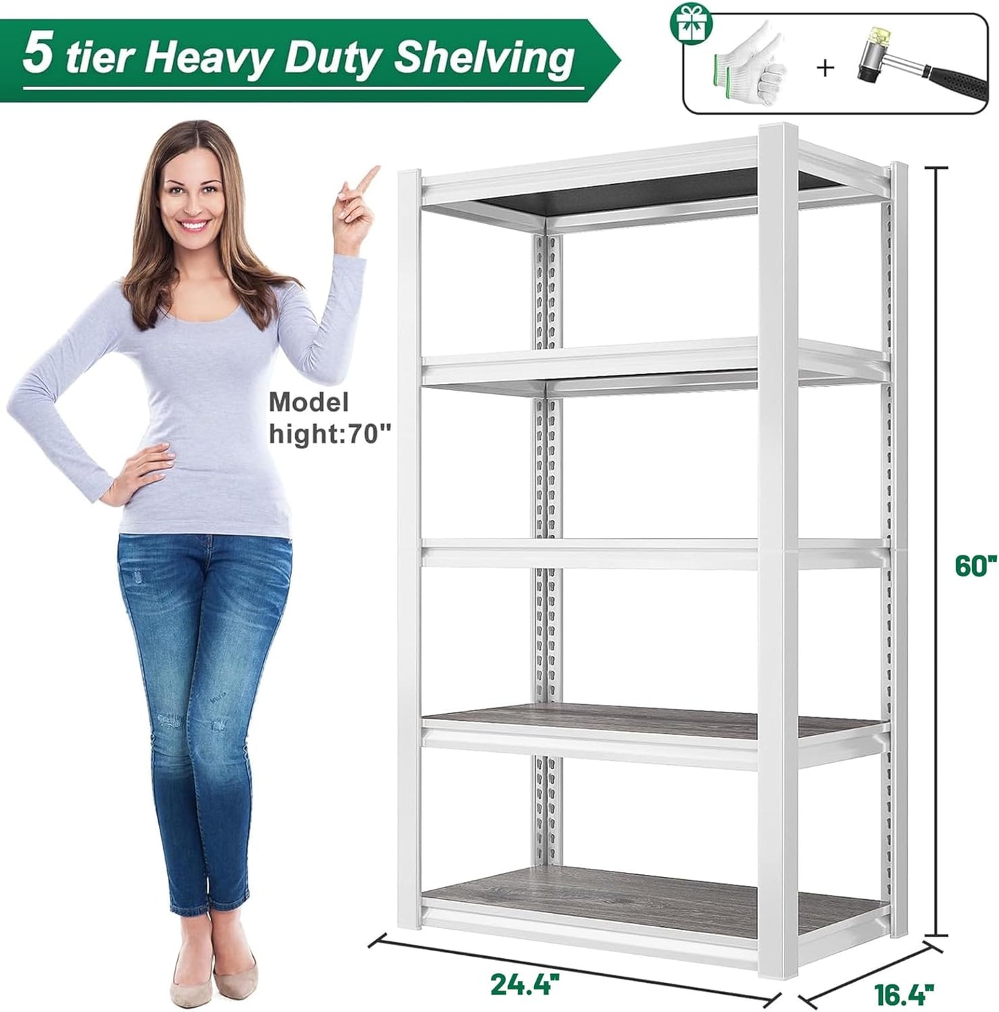 REIBII Storage Shelves 2500LBS Metal Shelving Adjustable Garage Shelving 5 Tier Metal Shelves 60" H White Shelves for Closet Kitchen Pantry 24.4''W X 16.4''D X 60''H