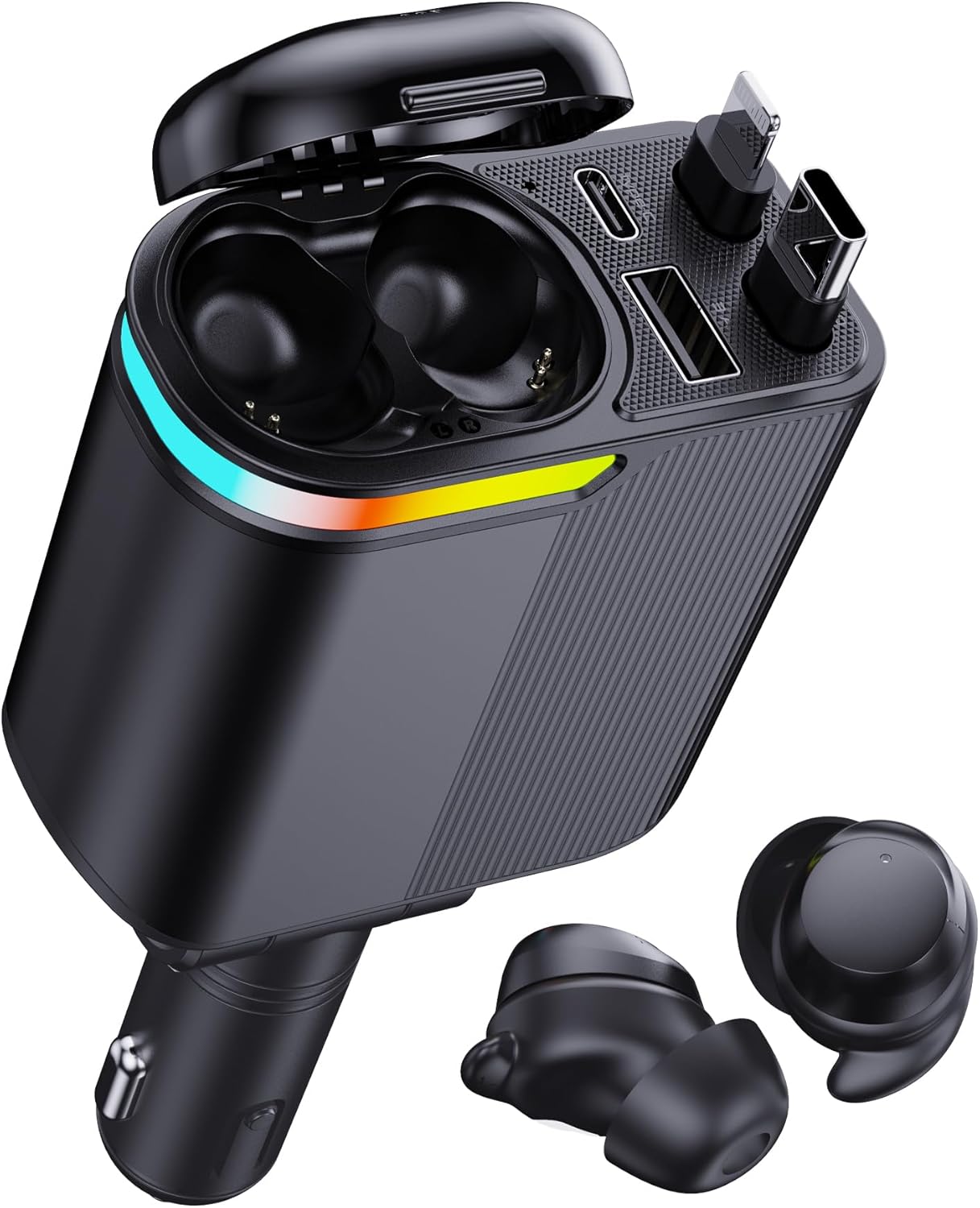 MLVOC 120W Fast Charging Car Charger with Earbuds, Retractable 4-in-1 USB-C & Lightning for iPhone & Android (Black)