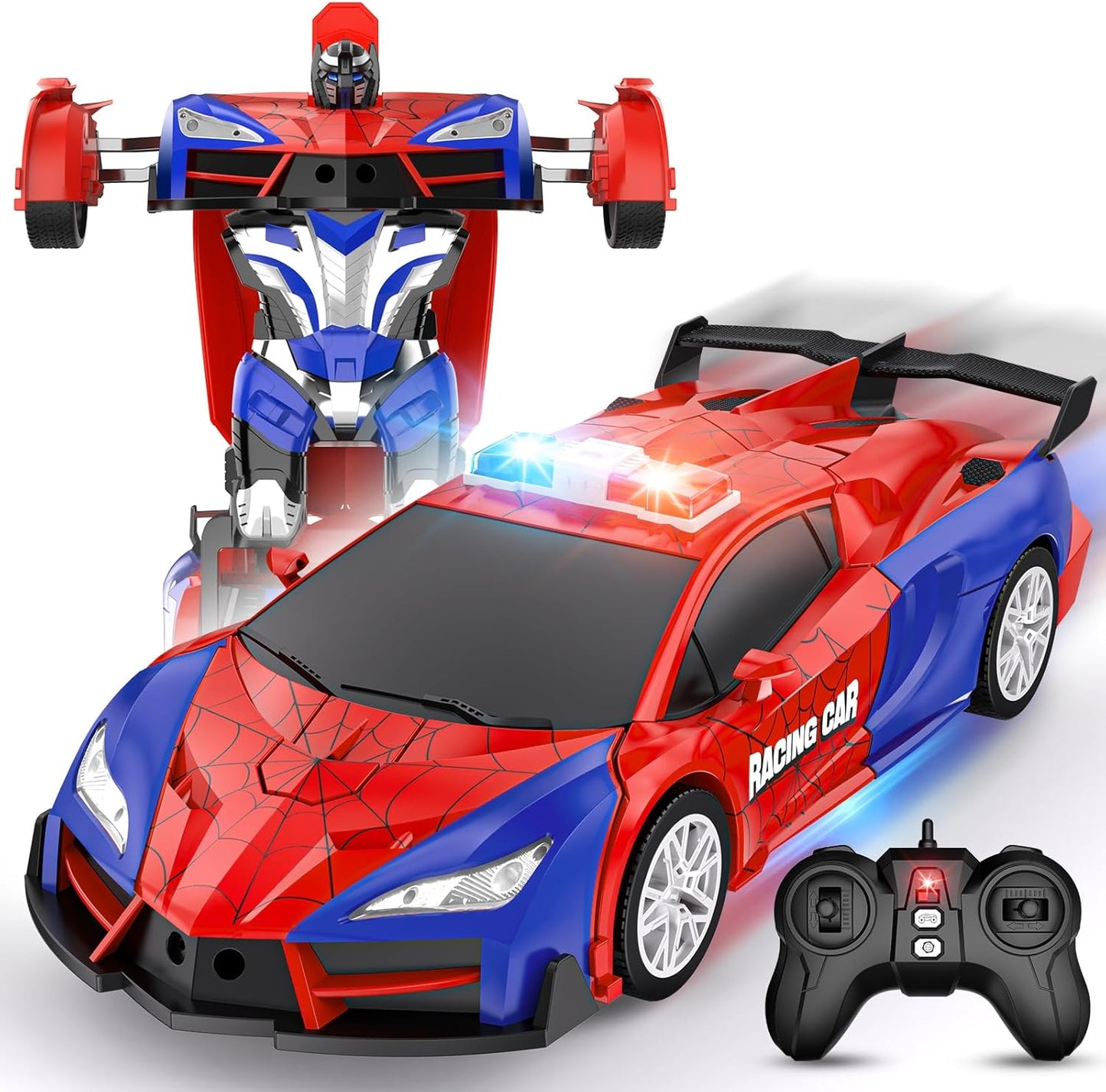Remote Control Car for Boys 4-7, 2.4GHz RC Car 1:18 Scale, One-Button Transforming Toy with 360° Spins, LED Lights
