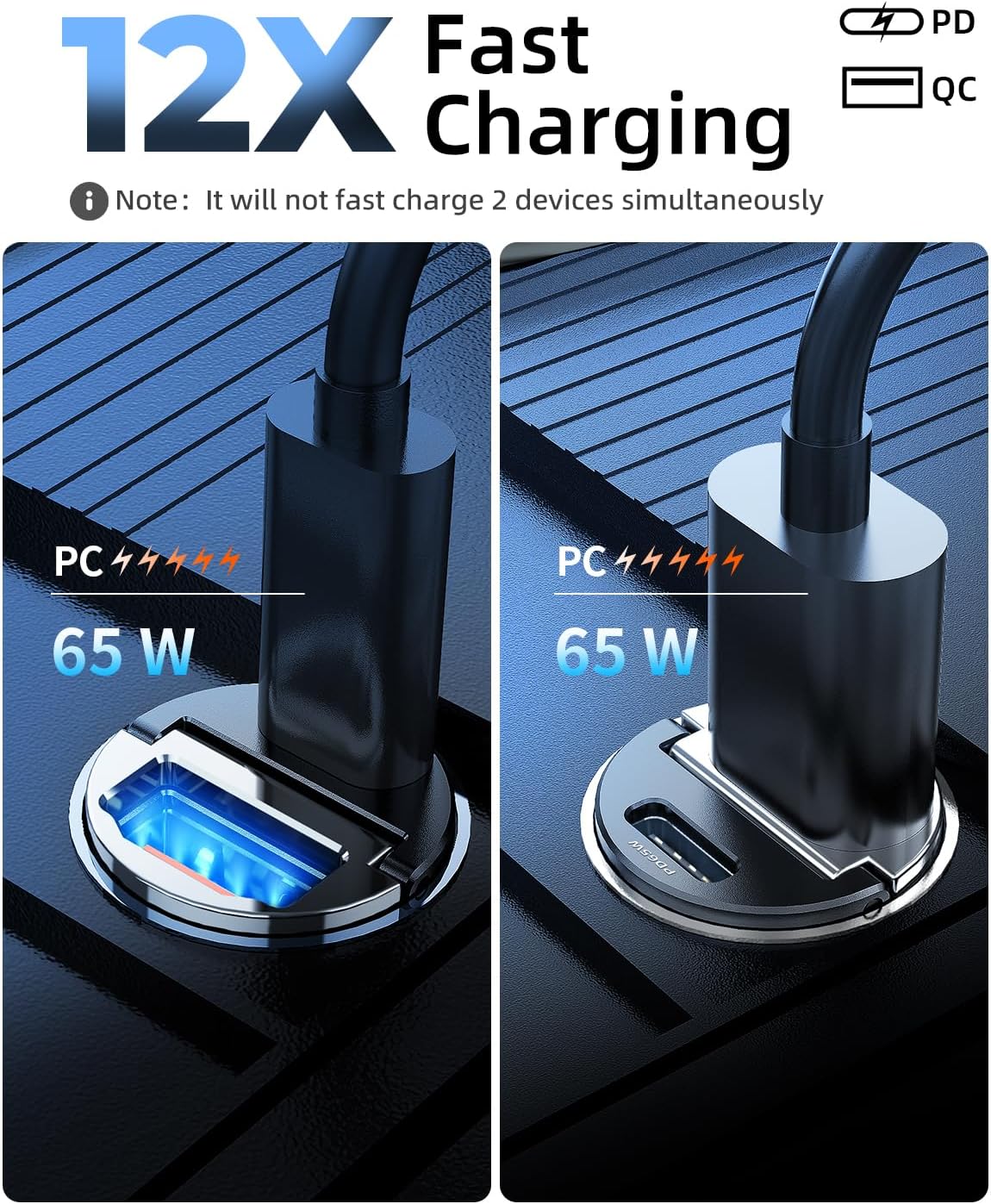 65W USB C Car Charger Fast Charging，12V USB Outlet Accesorios para Carro，Compact Cigarette Lighter Adapter，Car Phone Charger for iPhone/16/15/14/13/12 Samsung S25 S24 S23Google Android