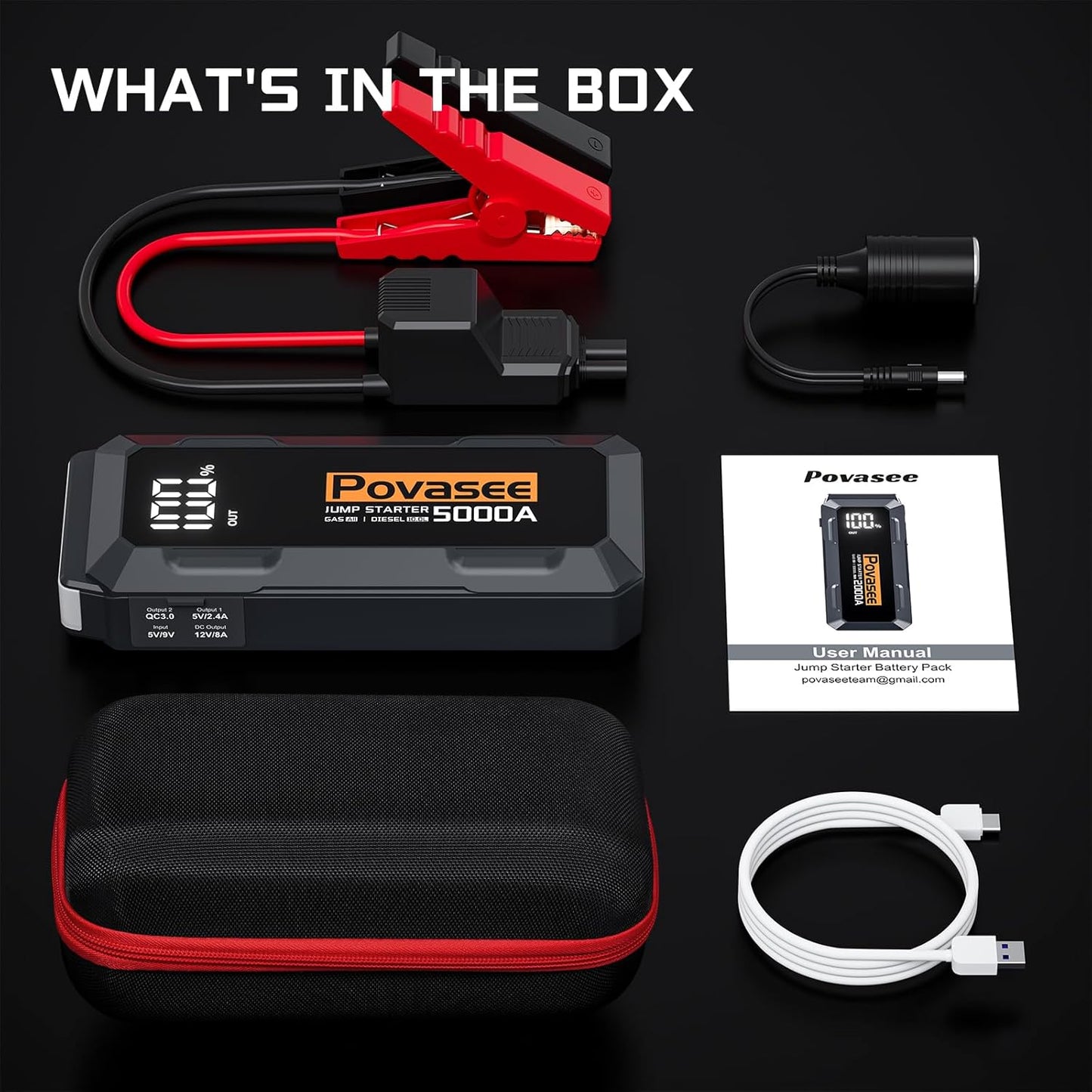 Car Battery Jump Starter 5000A Jump Box (All Gas/10L Diesel) Portable Car Jump Starter Battery Pack, 12V Jumper Starter Portable 3" LCD Display/Power Bank/Dual Output/LED Light DC