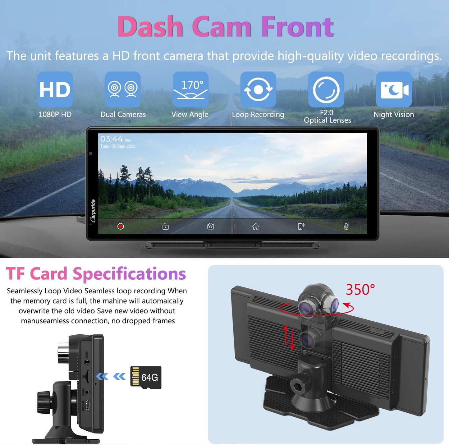 2025 CARPURIDE W903 Portable Carplay & Android Auto with Dash Cam - 9.3" HD IPS Screen, 4K Front &1080P Rear Cam, Loop Recording, Bluetooth, Mirror Link, GPS, Siri, Dashboard Mounted