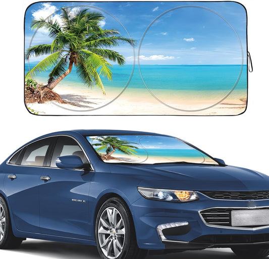 Gven Windshield Sun Shade Car Sun Shade Windshield Palm Tree Windshield Shade UV Protection Heat Reflective Car Sunshade Fits Small Sedans, Mini SUVs, Hatchbacks Car Accessories (Palm Tree, S)