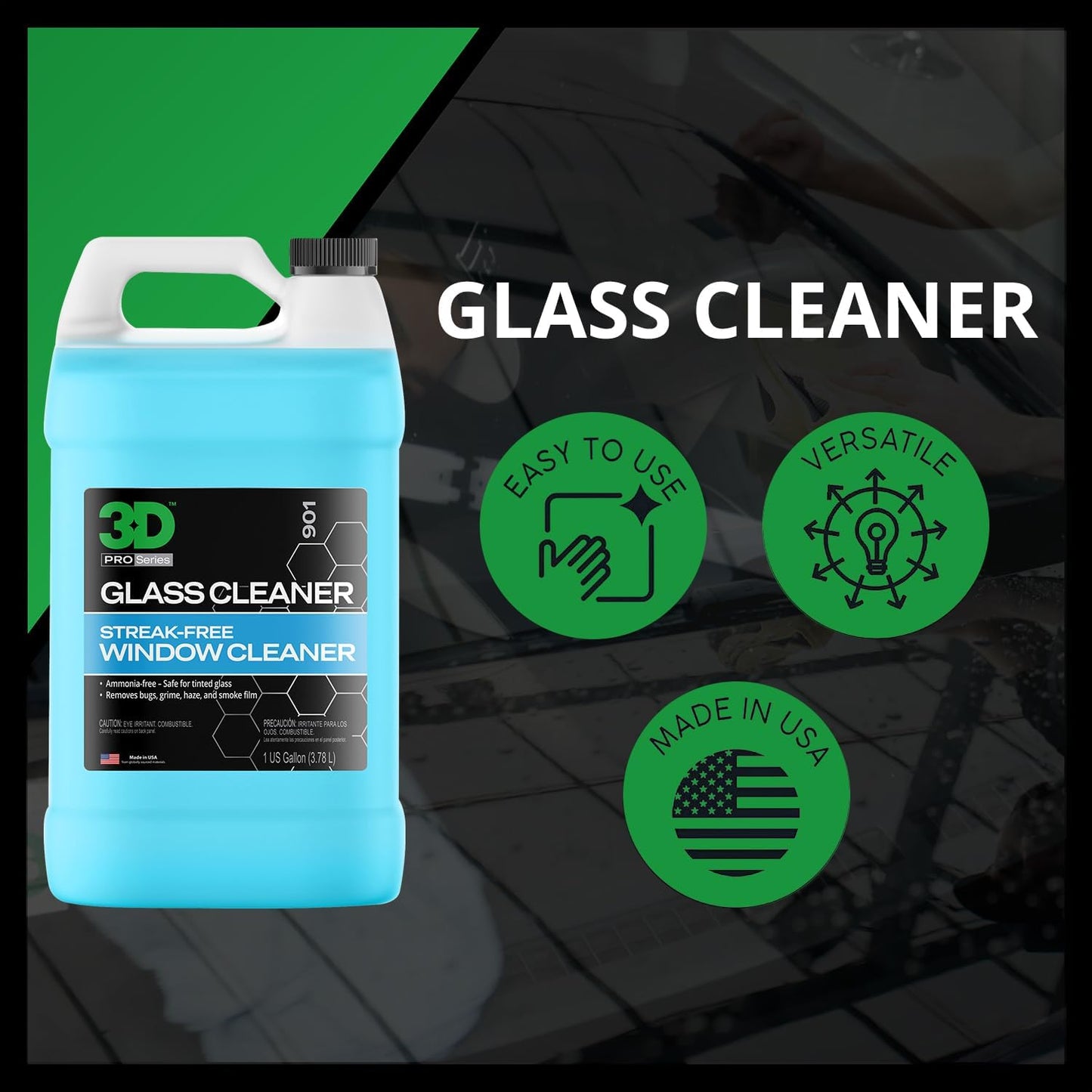 3D Glass Cleaner - Ready to Use, Tint Safe, Streak Free Glass Cleaner - Gallon