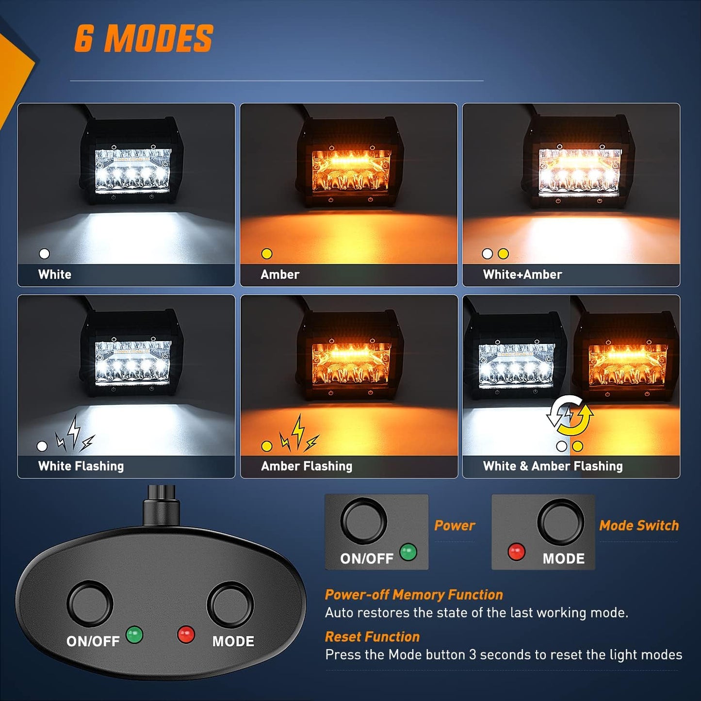 Nilight 2PCS 4Inch 60W LED Pods Spot Flood Amber White Light Bar Strobe 6 Modes Memory Function Off-Road Truck Car ATV SUV Cabin Boat with 16AWG Wiring Harness Kit-2 Lead, 2 Years Warranty