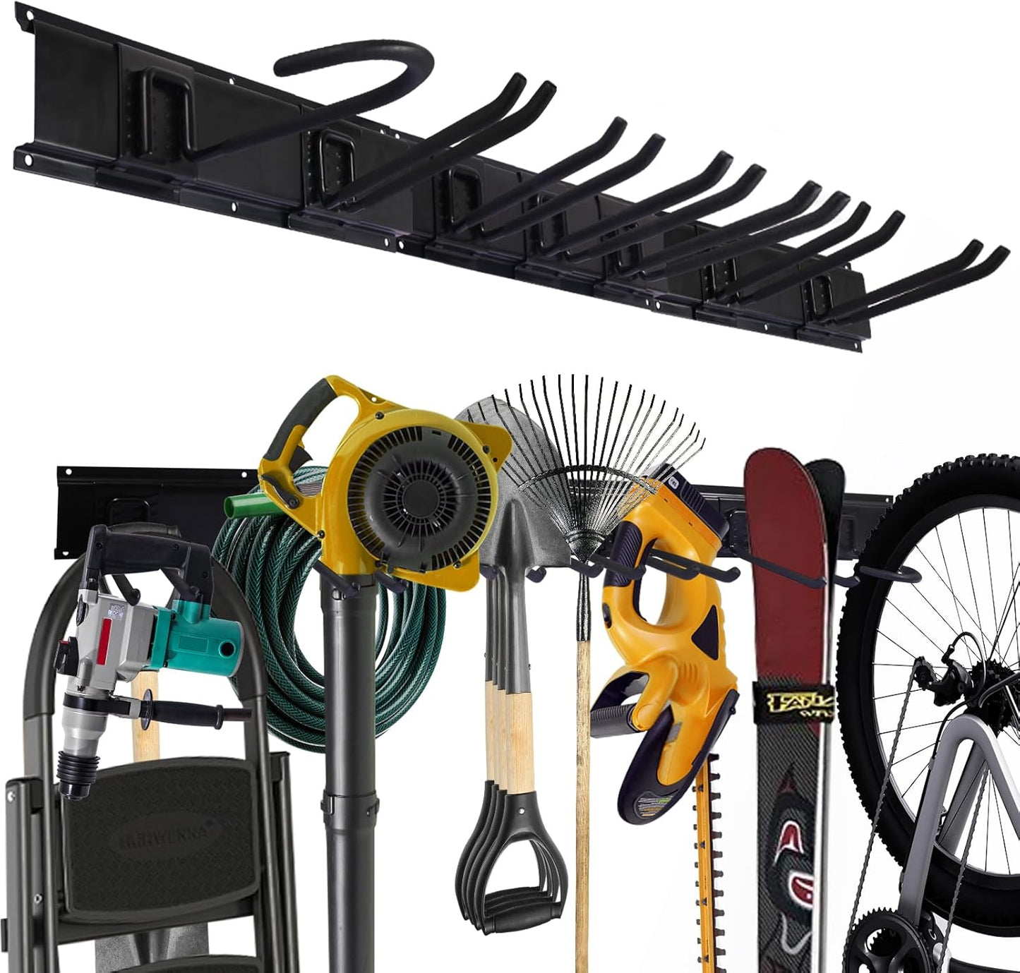 Garage Organization, 48 Inch Garden Tool Organizer Max Load 525 lb, Garage Tool Organizer Wall Mount with 7 Organization Hooks and Bike Hooks, Updated 16 Inch Studs Spacing