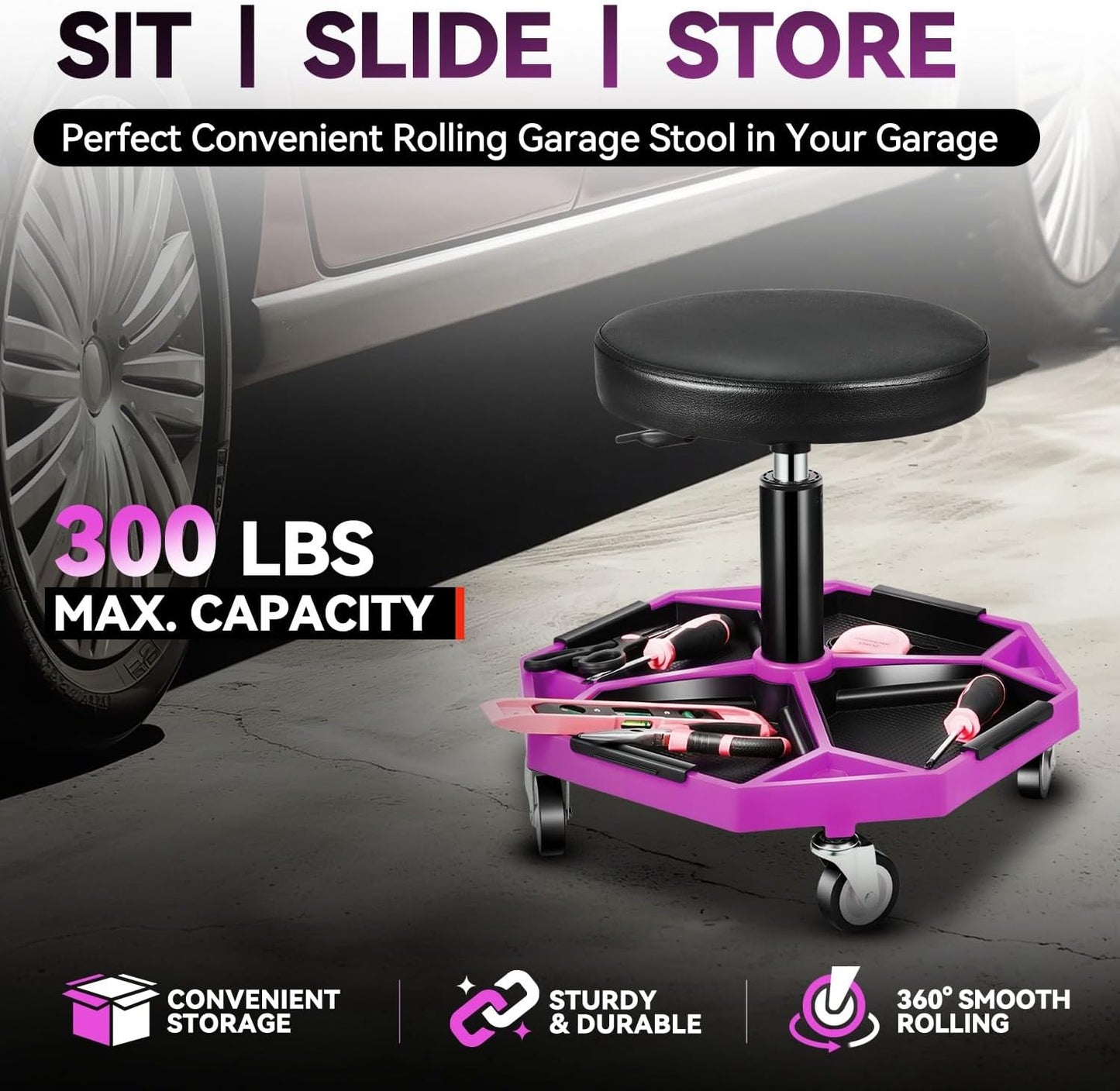 Auto Dynasty Mechanic Stool, Adjustable Rolling Pneumatic Creeper Garage Shop Seat with Tool Tray, 300 LBS Roller Seat for Workshop Auto Repair, Adjustable Height 15.7" to 21", Purple