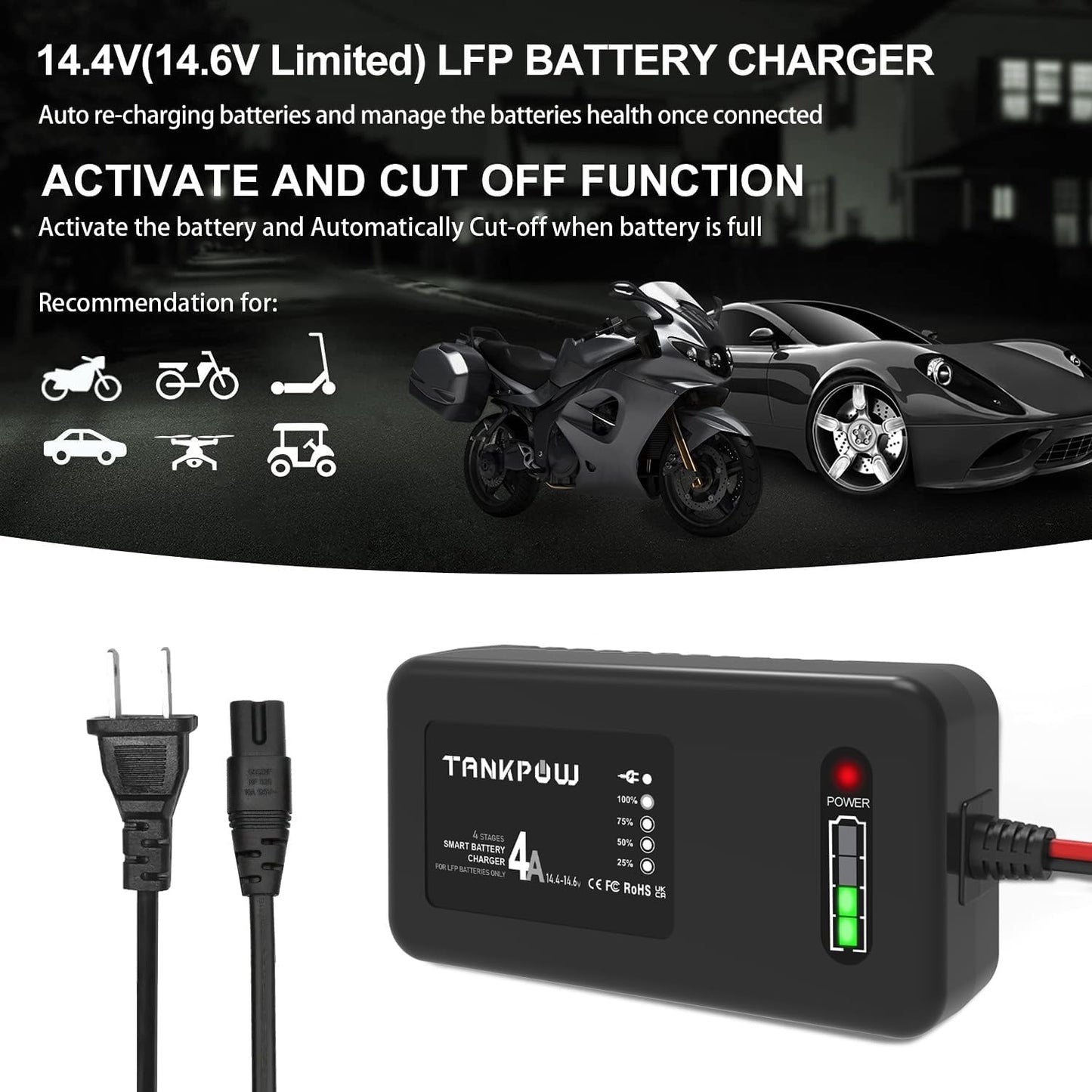 4-Amp LiFePO4 Battery Charger,14.6 Volt Lithium Battery Charger,Smart Charger for Cars,Motorcycles,Lawn Mowers,Toy Cars,Golf Carts,UAV,Fishing Boat,Lithium and Deep Cycle Batteries