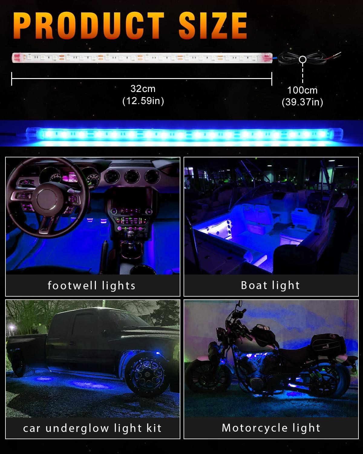Qasim LED Strip Lights Car Boat Truck Interior Exterior Lighting, Waterproof Auto Front Grill Ambient Lighting, Golf Cart Motorcycles Underglow LED Light Blue 32CM 12V-Pack of 6