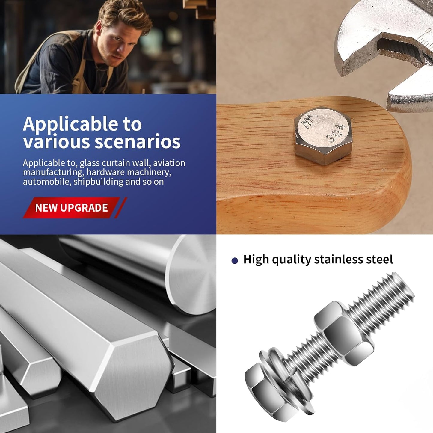 1/4-20 x 3/8" Hex Head Screw Bolt, Nuts, Flat & Lock Washers, 20Pcs 18-8 (304) Stainless Steel, Fully Threaded, by SG TZH