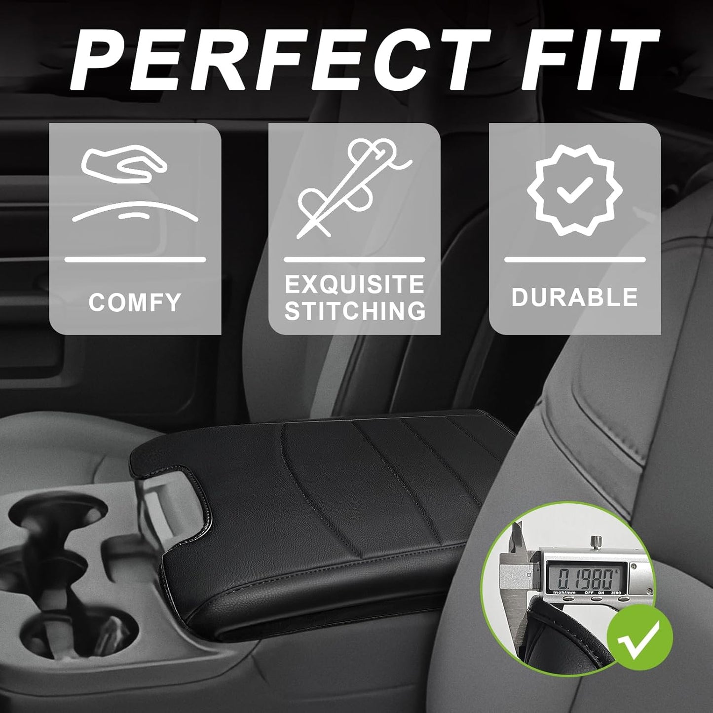 Muslogy Center Console Armrest Cover Compatible with Dodge Ram 1500 2013-2018 & 2013-2025 Ram 2500/3500 Comfort Armrest Pad Arm Rest Cushion Vegan Leather Protector Regular Thick(Jump Seat ONLY)