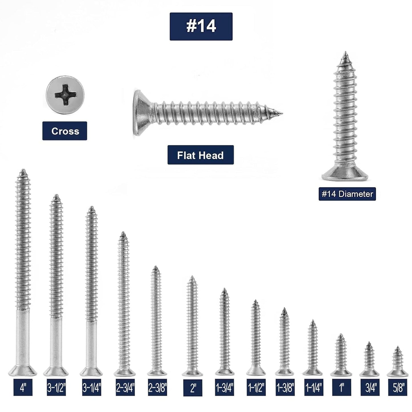 #14 x 3/4" Wood Screw 100Pcs 18-8 (304) Stainless Steel Screws Flat Head Phillips Fast Self Tapping Drywall Screws by SG TZH