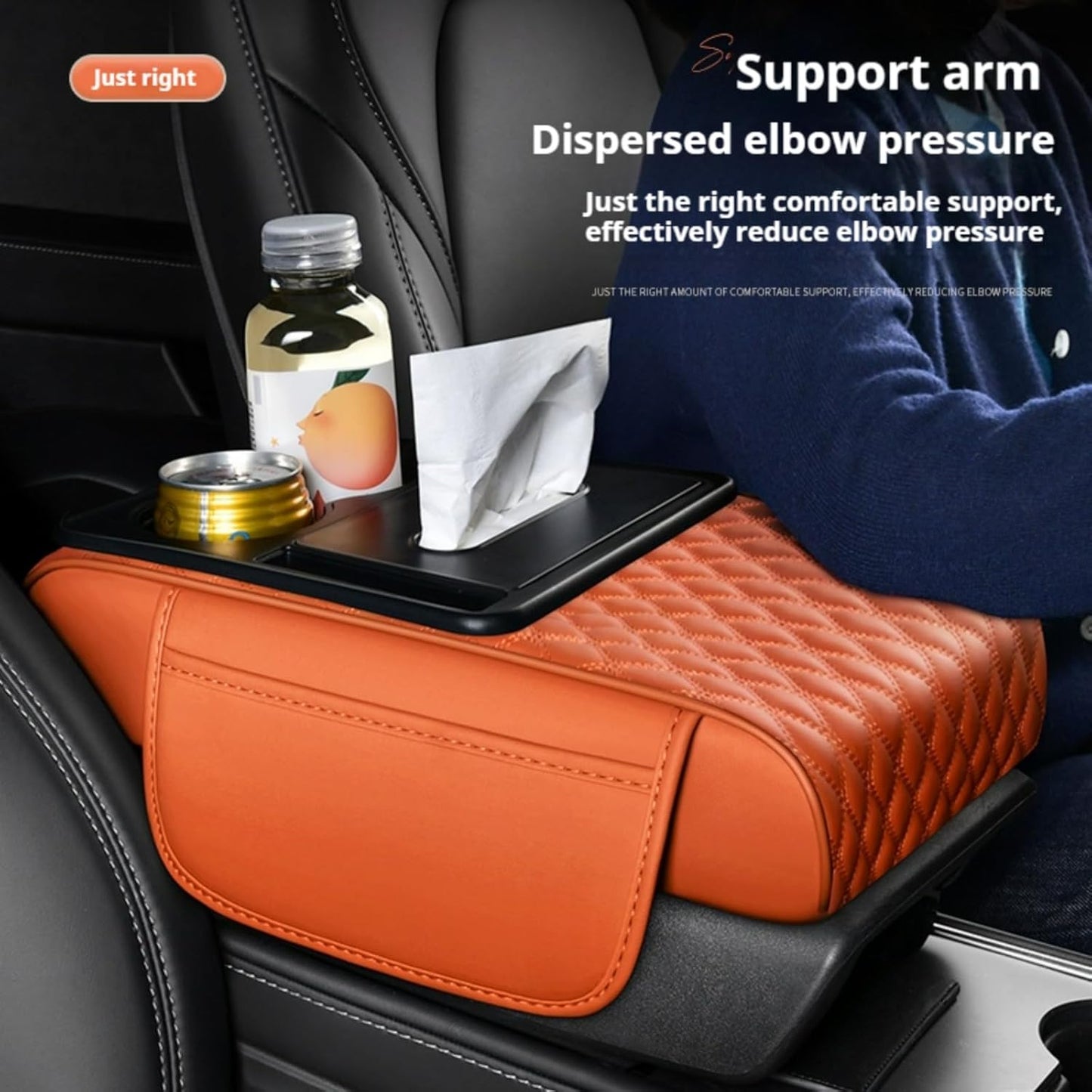 Center Console Cover Organizer, 5-In-1 Arm Rest Cover for Car with Cup Holder & Storage Pocket & Tissue Holder, Armrest Cover Cushion Pad, Water Ripples, Red